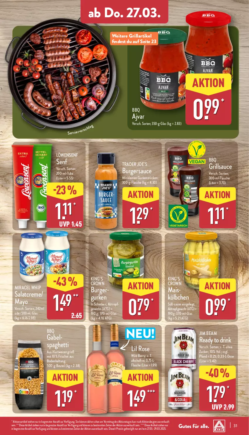 Aktueller Prospekt Aldi Nord - Von Montag - von 24.03 bis 29.03.2025 - strona 33 - produkty: Ajvar, alkohol, auer, beutel, burger, creme, drink, eis, flasche, gabel, gin, grill, grillsauce, gurke, gurken, hartweizen, jim beam, leine, löwensenf, mais, miracel, miracel whip, reis, salat, salatcreme, sauce, senf, spaghetti, Ti, Wild, wild berry, Yo, ZTE, zucker