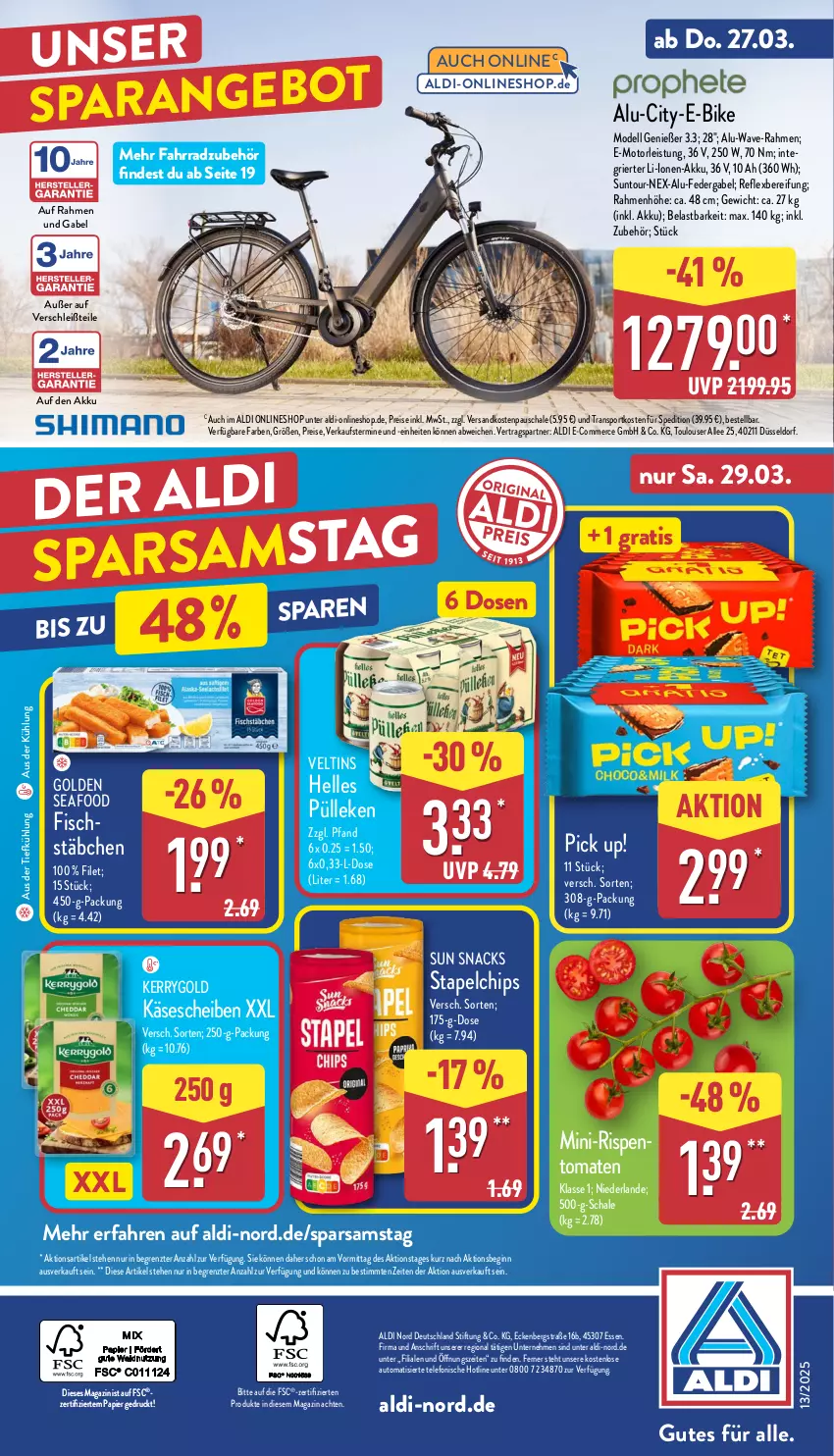 Aktueller Prospekt Aldi Nord - Von Montag - von 24.03 bis 29.03.2025 - strona 38 - produkty: akku, aldi, angebot, aus der tiefkühlung, auto, chips, dell, E-Bike, eis, elle, Fahrrad, filet, fisch, fischstäbchen, gabel, gin, Käse, käsescheiben, kerrygold, magazin, mini-rispentomaten, Mode, ndk, papier, Pick Up!, reis, rispentomaten, Schal, Schale, snack, snacks, Sport, Sun Snacks, telefon, Ti, tomate, tomaten, veltins, ZTE