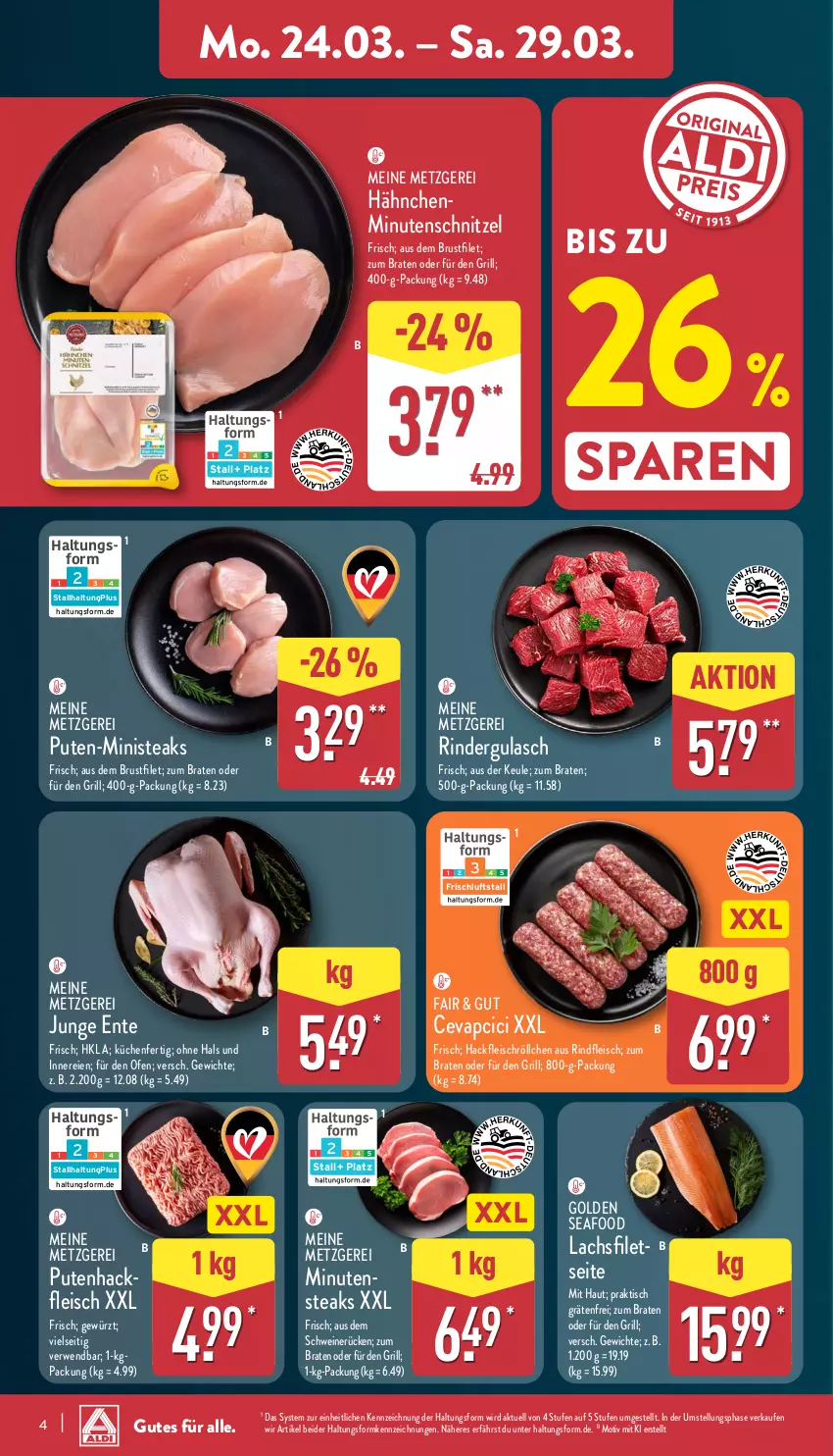 Aktueller Prospekt Aldi Nord - Von Montag - von 24.03 bis 29.03.2025 - strona 4 - produkty: braten, brustfilet, cevapcici, eis, ente, filet, fleisch, gewürz, grill, gulasch, hackfleisch, küche, Küchen, lachs, lachsfilet, minutenschnitzel, minutensteaks, Ofen, pute, Putenhackfleisch, rind, rinder, rindergulasch, rindfleisch, rwe, schnitzel, schwein, schweine, schweinerücken, steak, steaks, Ti, tisch, wein, weine