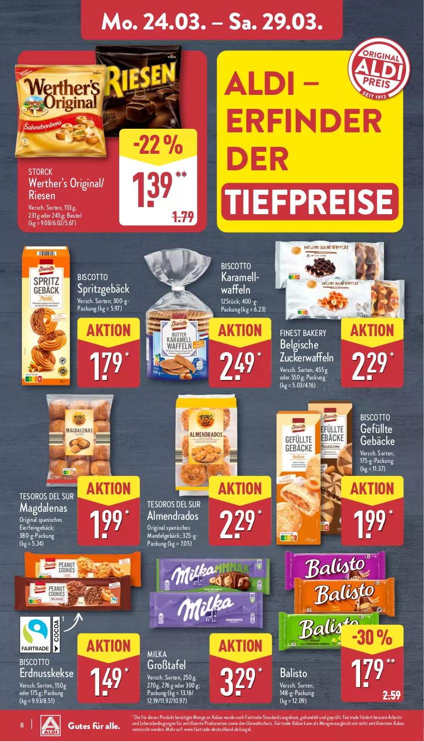 Aktueller Prospekt Aldi Nord - Von Montag - von 24.03 bis 29.03.2025 - strona 8 - produkty: aldi, balisto, Bau, beutel, biscotto, eier, eis, ente, erde, erdnuss, gin, kakao, karamell, keks, kekse, LG, mandel, milka, nuss, reis, Spritzgebäck, storck, Ti, tiefpreis, waffeln, zucker