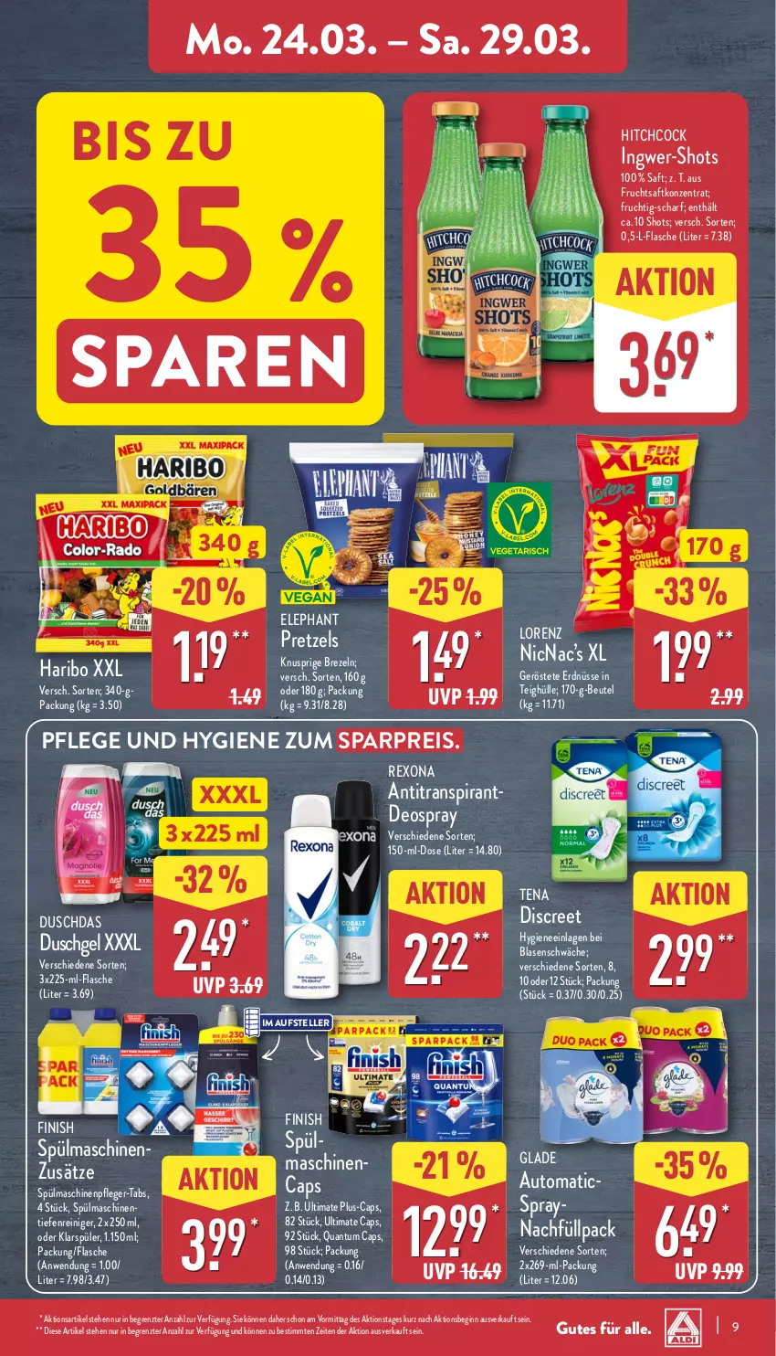 Aktueller Prospekt Aldi Nord - Von Montag - von 24.03 bis 29.03.2025 - strona 9 - produkty: Antitranspirant, auto, beutel, brezel, Brezeln, Cap, deo, deospray, Discreet, duschdas, duschgel, eis, elle, erdnüsse, Finish, flasche, frucht, fruchtsaft, gin, Glade, haribo, ingwer, klarspüler, lorenz, Maschinenpfleger, Pretzel, reiniger, reis, rexona, saft, spülmaschinen, teller, Ti, ZTE