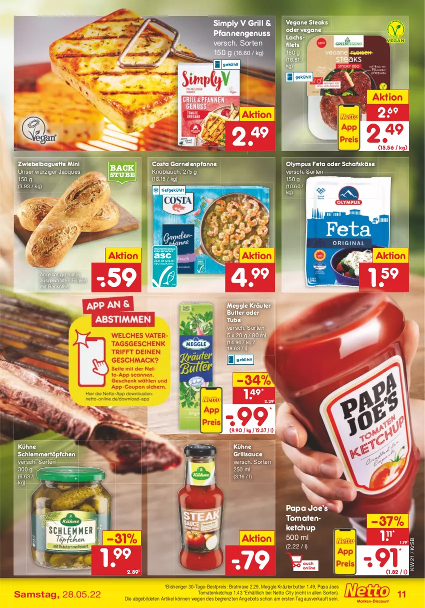 Aktueller Prospekt Netto Marken-Discount - Filial-Angebote - von 23.05 bis 28.05.2022 - strona 11 - produkty: angebot, axe, backofen, baguette, bestpreis, bratmaxe, butter, eis, feta, filet, filets, garnelen, grill, grillsauce, Käse, ketchup, knoblauch, kräuter, kräuterbutter, Kühne, lachs, lachsfilet, lachsfilets, meggle, nuss, Ofen, pfanne, pfannen, reis, sauce, schafskäse, schlemmertöpfchen, sim, steak, steaks, stube, Ti, tomate, tomaten, tomatenketchup, Töpfchen, ZTE, zwiebel