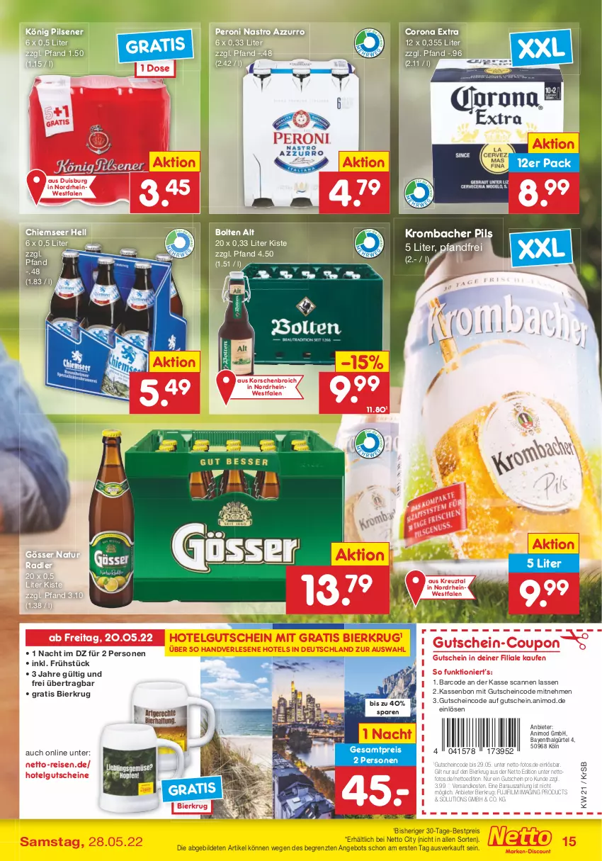 Aktueller Prospekt Netto Marken-Discount - Filial-Angebote - von 23.05 bis 28.05.2022 - strona 15 - produkty: angebot, bestpreis, bier, corona, corona extra, coupon, eis, gin, gösser, gutschein, gutscheine, könig pilsener, krombache, krombacher, krombacher pils, LG, natur, natur radler, ndk, Peroni, pils, pilsener, radler, reis, Ti, ZTE