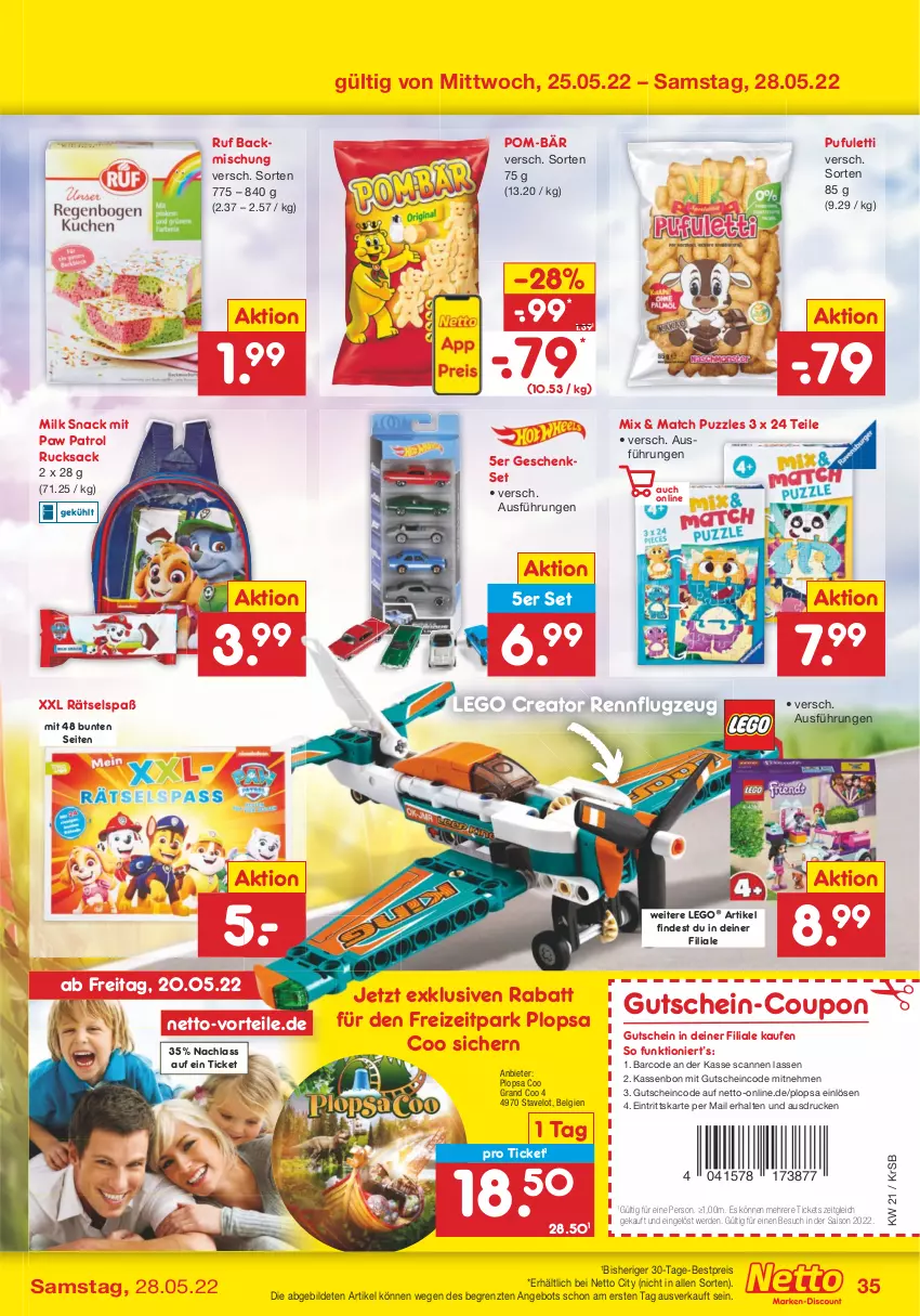 Aktueller Prospekt Netto Marken-Discount - Filial-Angebote - von 23.05 bis 28.05.2022 - strona 35 - produkty: angebot, backmischung, bestpreis, coupon, eis, erde, geschenkset, gutschein, LEGO Creator, LEGO®, LG, Paw Patrol, pom-bär, Puzzle, reis, rucksack, sac, snack, Ti, ZTE