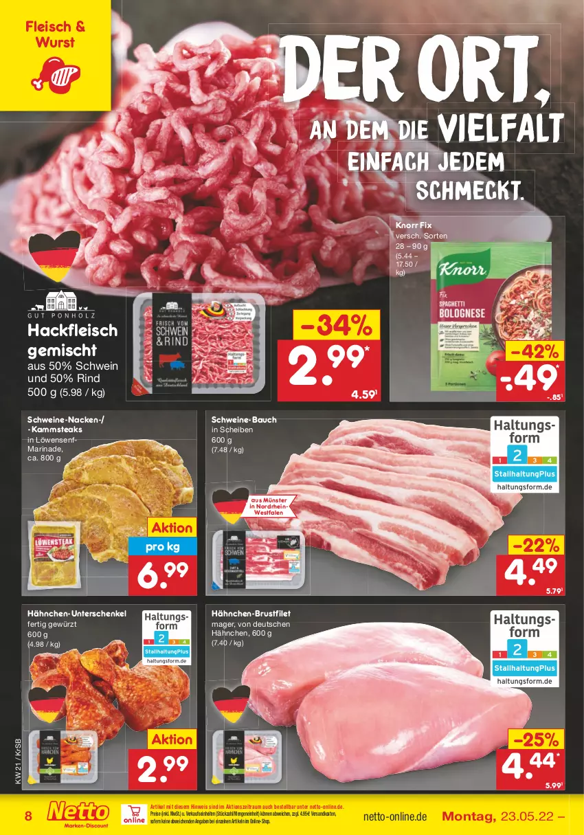 Aktueller Prospekt Netto Marken-Discount - Filial-Angebote - von 23.05 bis 28.05.2022 - strona 8 - produkty: Bau, brustfilet, eis, filet, fleisch, gewürz, hackfleisch, hackfleisch gemischt, hähnchen-brustfilet, henkel, knorr, knorr fix, löwensenf, marinade, ndk, reis, rind, schenkel, schwein, schweine, schweine-bauch, senf, steak, steaks, Ti, wein, weine, wurst