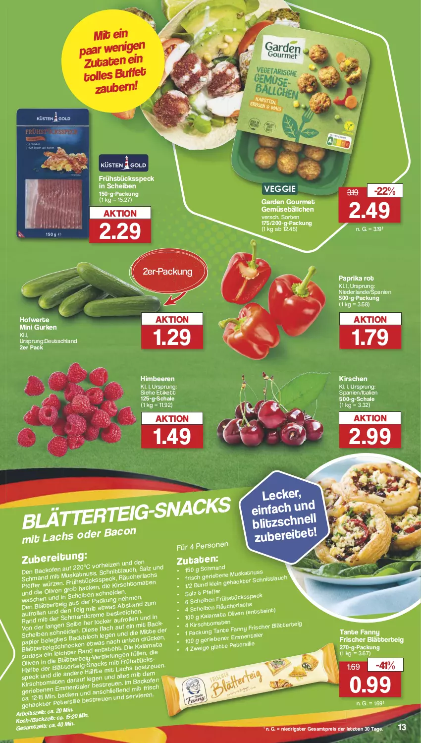 Aktueller Prospekt Famila - Prospekte - von 03.06 bis 08.06.2024 - strona 13 - produkty: bacon, beere, beeren, blätterteig, eis, Frühstücksspeck, garden gourmet, gurke, gurken, himbeer, himbeere, himbeeren, kirsch, kirsche, kirschen, Ofen, paprika, paprika rot, reis, Schal, Schale, Speck, tante fanny, tee, Ti, veggie, ZTE