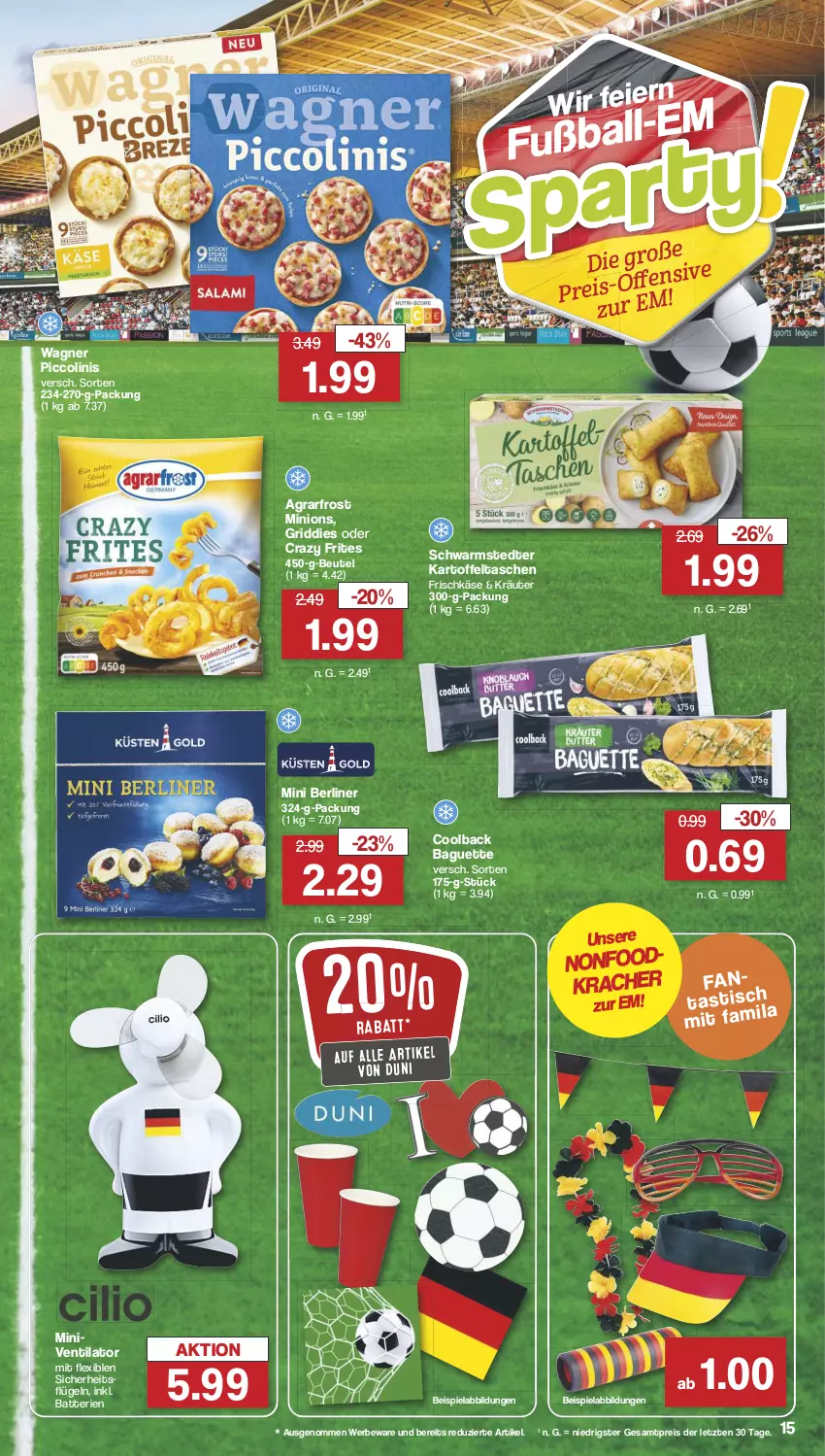 Aktueller Prospekt Famila - Prospekte - von 03.06 bis 08.06.2024 - strona 15 - produkty: agrarfrost, baguette, batterie, batterien, beispielabbildung, berliner, beutel, Crazy Frites, duni, eier, eis, frischkäse, Griddies, kartoffel, Kartoffeltaschen, Käse, kracher, kräuter, piccolinis, reis, schwarmstedter, Tasche, taschen, Ti, ventilator, wagner, ZTE