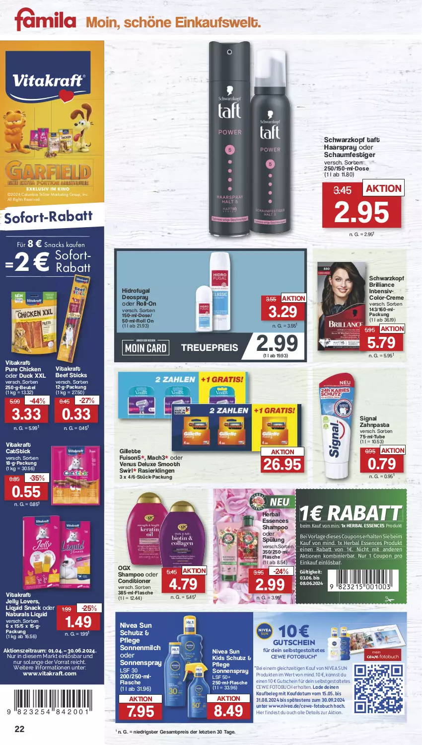 Aktueller Prospekt Famila - Prospekte - von 03.06 bis 08.06.2024 - strona 22 - produkty: beef, beutel, buch, cewe, Columbia, coupon, coupons, creme, deo, deospray, Duck, eis, flasche, Fotobuch, gillette, gutschein, haarspray, kraft, mac, mach3, milch, natur, natura, nivea, nivea sun, oder schaumfestiger, pasta, Rasierklinge, rasierklingen, reis, roll-on, schaumfestiger, schwarzkop, schwarzkopf, shampoo, shampoo oder spülung, Signal, snack, snacks, sofort-rabatt, sonnenmilch, sonnenspray, spülung, swirl, Taft, Ti, tristar, venus, vita, vitakraft, zahnpasta, ZTE