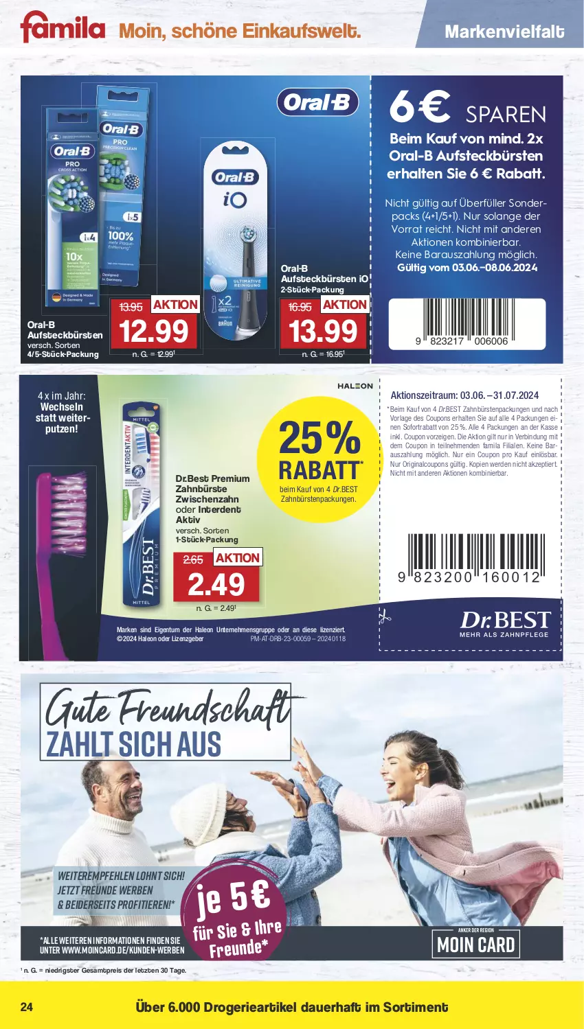 Aktueller Prospekt Famila - Prospekte - von 03.06 bis 08.06.2024 - strona 24 - produkty: auer, aufsteckbürsten, bürste, bürsten, coupon, coupons, eis, erde, gin, oral-b, reis, sofortrabatt, Ti, Tiere, zahnbürste, zahnbürsten, ZTE