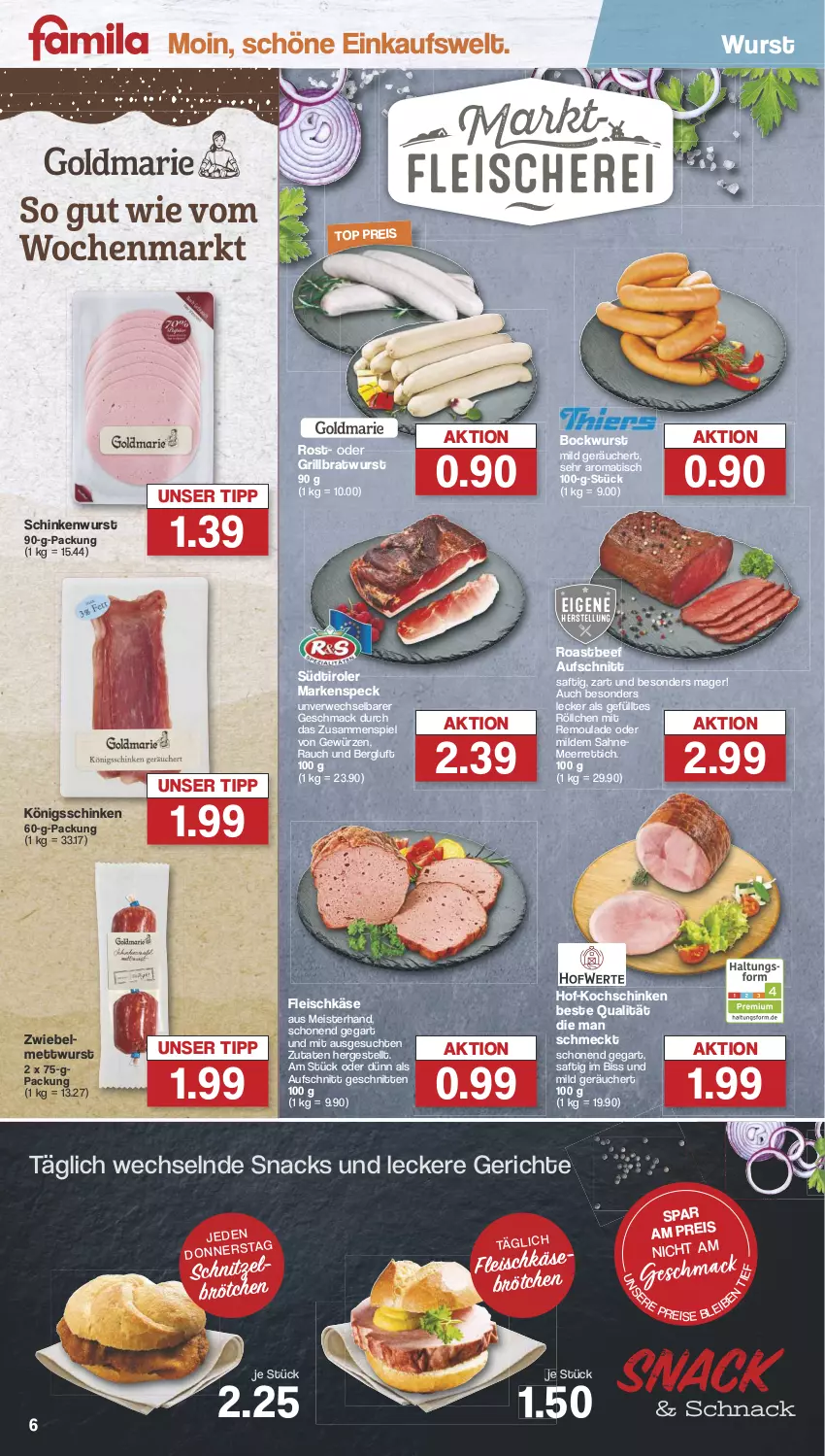 Aktueller Prospekt Famila - Prospekte - von 03.06 bis 08.06.2024 - strona 6 - produkty: aufschnitt, beef, bockwurst, bratwurst, brötchen, eis, fleisch, fleischkäse, gewürz, grill, grillbratwurst, Käse, kochschinken, mac, meerrettich, Meister, Mett, mettwurst, Rauch, reis, remoulade, Rettich, roastbeef, rwe, saft, sahne, schinken, schinkenwurst, schnitten, schnitzel, snack, snacks, Speck, südtiroler, Ti, tisch, wurst, zwiebel, zwiebelmettwurst