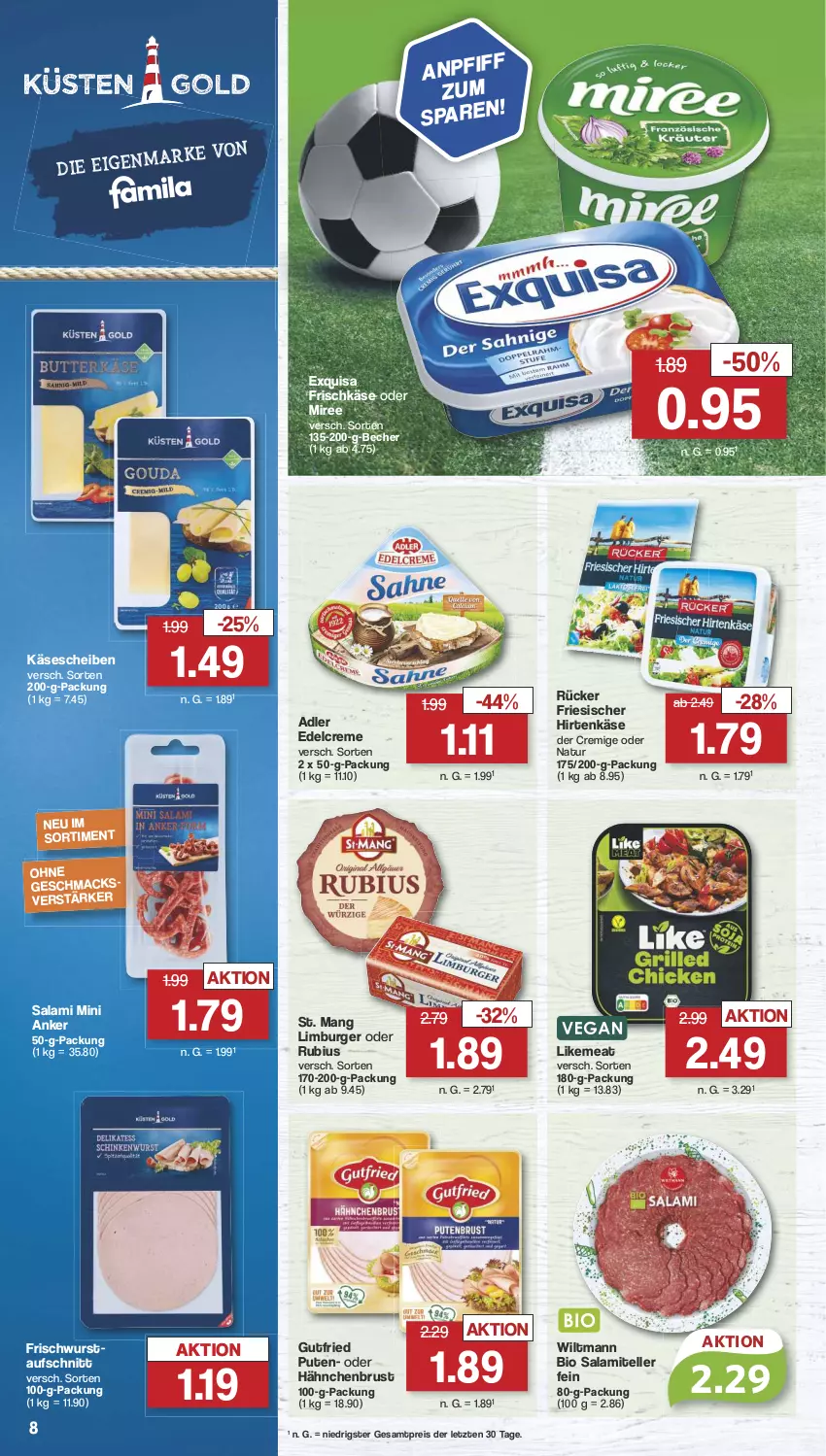 Aktueller Prospekt Famila - Prospekte - von 03.06 bis 08.06.2024 - strona 8 - produkty: aufschnitt, Becher, bio, burger, creme, edelcreme, eis, elle, exquisa, exquisa frischkäse, friesischer hirtenkäse, frischkäse, gutfried, hähnchenbrust, hirtenkäse, Käse, käsescheiben, Limburger, mac, miree, natur, pute, reis, Rubius, salami, St. Mang, teller, Ti, wiltmann, wurst, ZTE