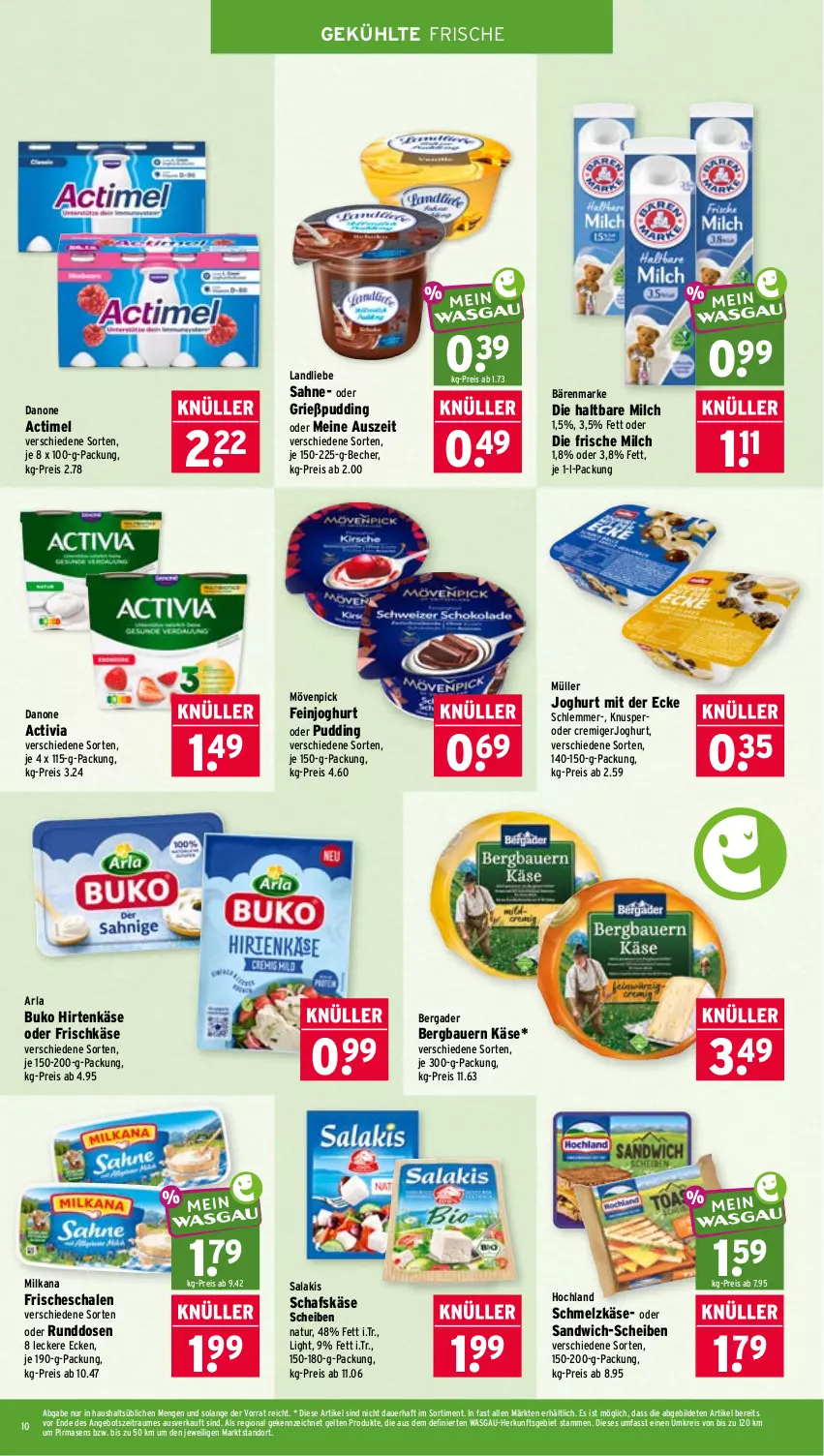 Aktueller Prospekt Wasgau - von 12.10 bis 17.10.2026 - strona 10 - produkty: actimel, activia, angebot, arla, arla buko, auer, bärenmarke, Bau, Bauer, Becher, bergader, Buko, danone, eis, feinjoghurt, frische milch, frischkäse, Grießpudding, haltbare milch, hirtenkäse, hochland, joghur, joghurt, joghurt mit der ecke, Käse, landliebe, milch, milka, milkana, mövenpick, Müller, natur, pudding, reis, sahne, salakis, sandwich, sandwich-scheiben, schafskäse, Schal, Schale, Schmelzkäse, Ti