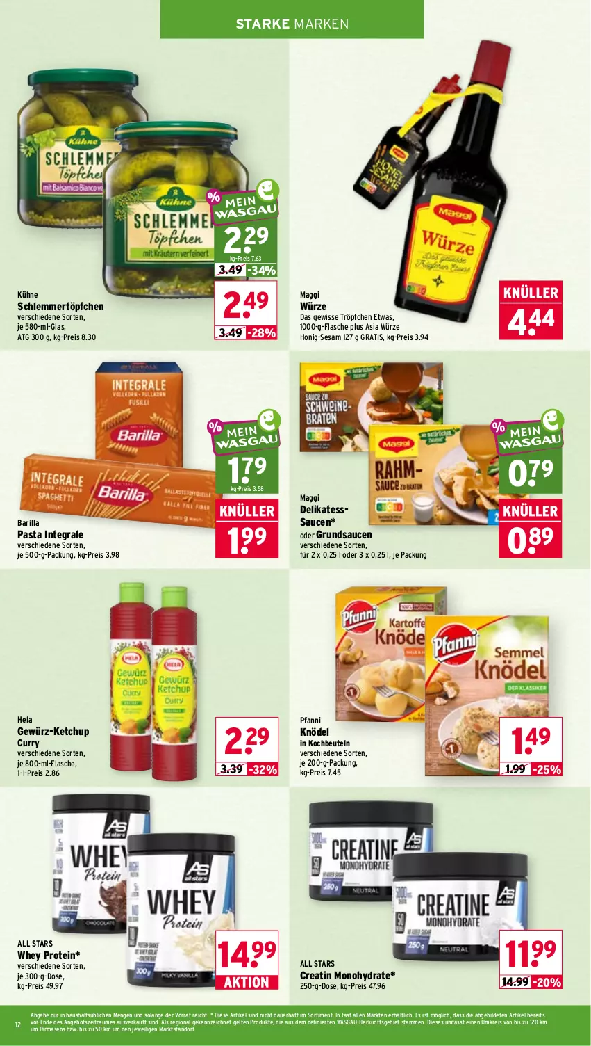 Aktueller Prospekt Wasgau - von 12.10 bis 17.10.2026 - strona 12 - produkty: angebot, auer, barilla, beutel, curry, eis, flasche, gewürz, Hela, honig, ketchup, Knödel, kochbeutel, Kühne, maggi, maggi würze, pasta, pfanni, reis, sauce, saucen, schlemmertöpfchen, sesam, Ti, Töpfchen
