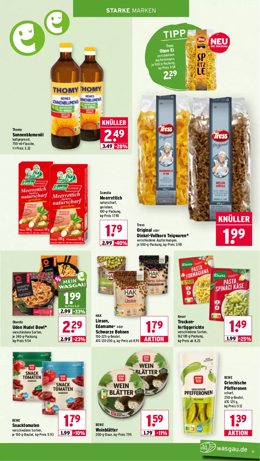 Aktueller Prospekt Wasgau - von 12.10 bis 17.10.2026 - strona 13 - produkty: beutel, blume, blumen, blumenöl, bohne, bohnen, eis, fertiggericht, fertiggerichte, flasche, gin, knorr, korn, linsen, mam, meerrettich, natur, nudel, pfeffer, pfefferonen, reis, Rettich, snack, sonnenblume, sonnenblumen, sonnenblumenöl, teigwaren, thomy, Ti, tomate, tomaten, wein