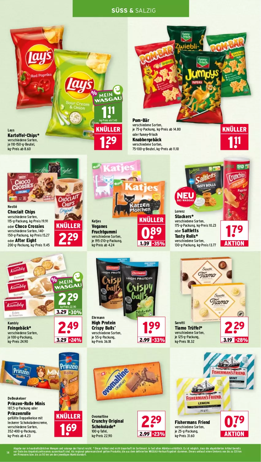 Aktueller Prospekt Wasgau - von 12.10 bis 17.10.2026 - strona 14 - produkty: after eight, angebot, auer, ball, beutel, chips, choclait chips, choco crossies, creme, crossies, debeukelaer, Doppelkekse, ehrmann, eis, frucht, fruchtgummi, funny-frisch, gin, kartoffel, katjes, keks, kekse, lays, lorenz, nestlé, ovomaltine, pom-bär, prinzenrolle, reis, saltletts, salz, saro, sarotti, schoko, schokolade, schokoladen, Ti, Trüffel