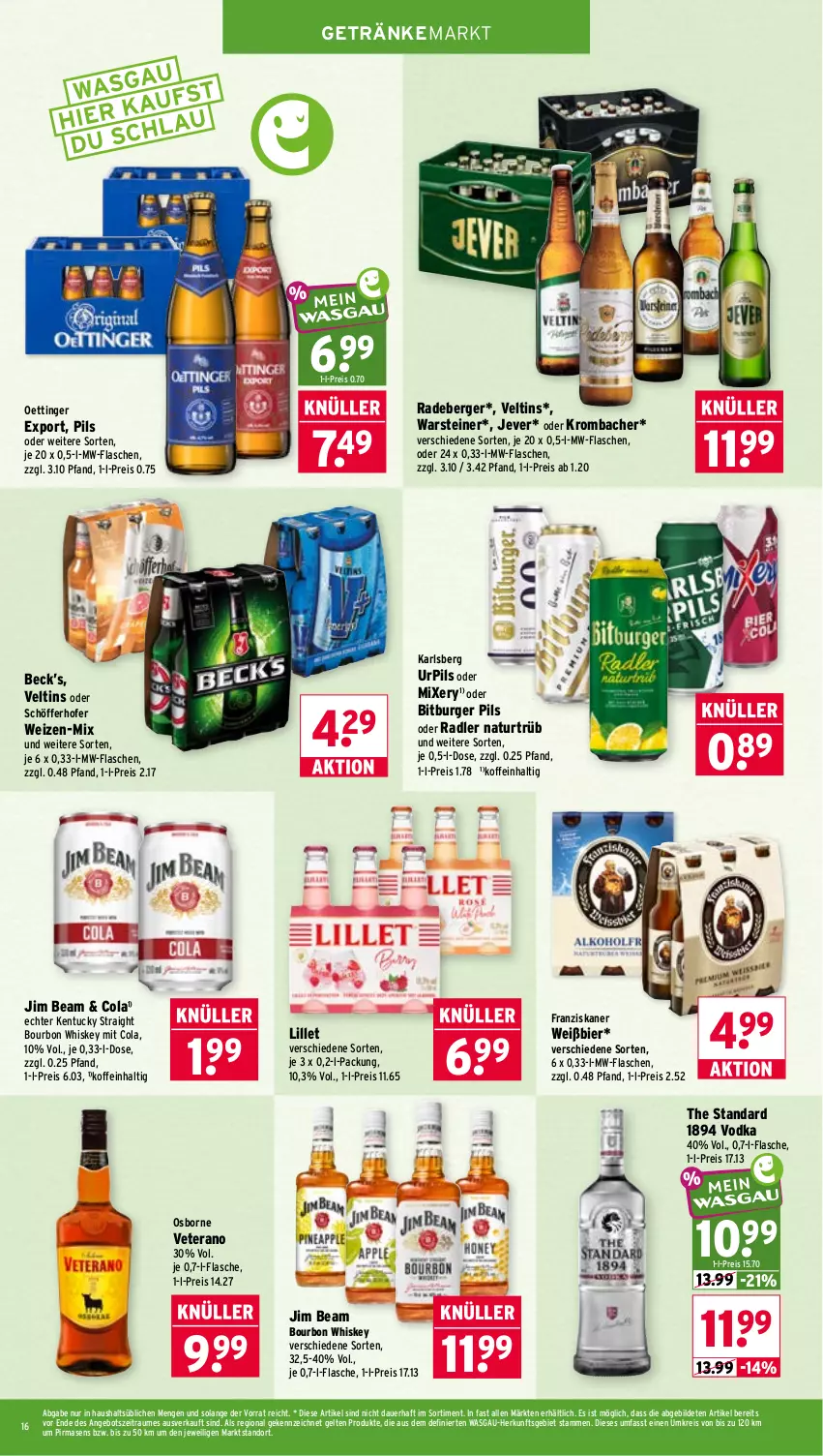Aktueller Prospekt Wasgau - von 12.10 bis 17.10.2026 - strona 16 - produkty: angebot, auer, Berger, bier, bitburger, bitburger pils, bourbon, bourbon whiskey, burger, cola, eis, flasche, franziskaner, getränk, getränke, jever, jim beam, karlsberg, kentucky straight, krombache, krombacher, lillet, Mixer, mixery, mw-flasche, natur, oder radler, oettinger, osborne, pils, radeberger, radler, reis, schöfferhofer, steiner, Ti, tuc, veltins, veterano, vodka, warsteiner, whiskey