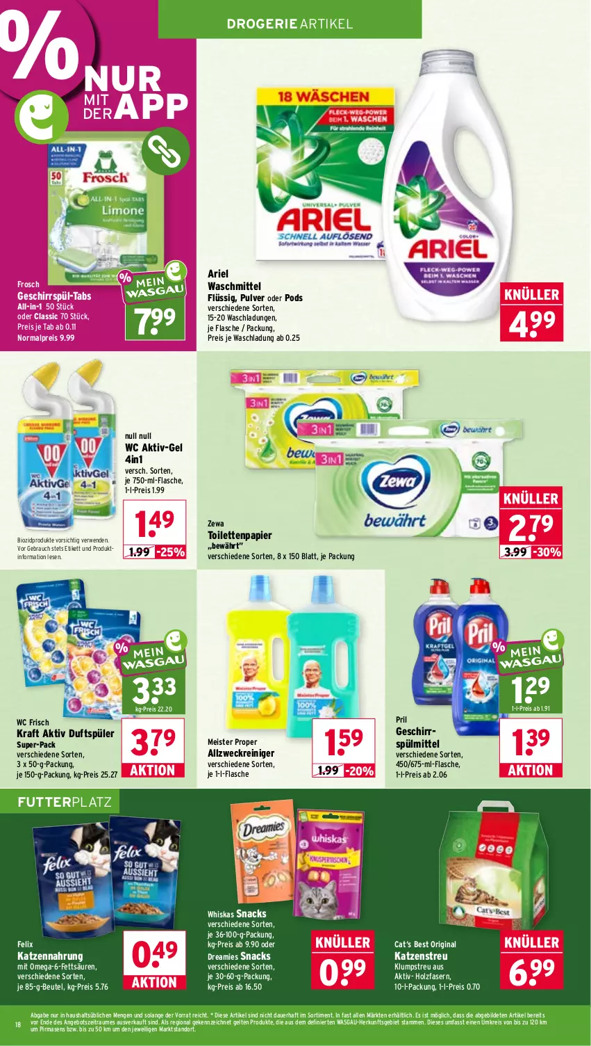 Aktueller Prospekt Wasgau - von 12.10 bis 17.10.2026 - strona 18 - produkty: allzweckreiniger, angebot, ariel, ariel waschmittel, auer, beutel, bio, biozidprodukte, dreamies, eis, felix, flasche, Frosch, geschirr, geschirrspülmittel, gin, Holz, katzennahrung, Katzenstreu, klumpstreu, kraft, Meister, meister proper, omega, papier, Pods, pril, Rauch, reiniger, reis, rwe, snack, snacks, spülmittel, Ti, toilettenpapier, waschmittel, wc frisch, WC Frisch Kraft Aktiv, weck, whiskas, zewa