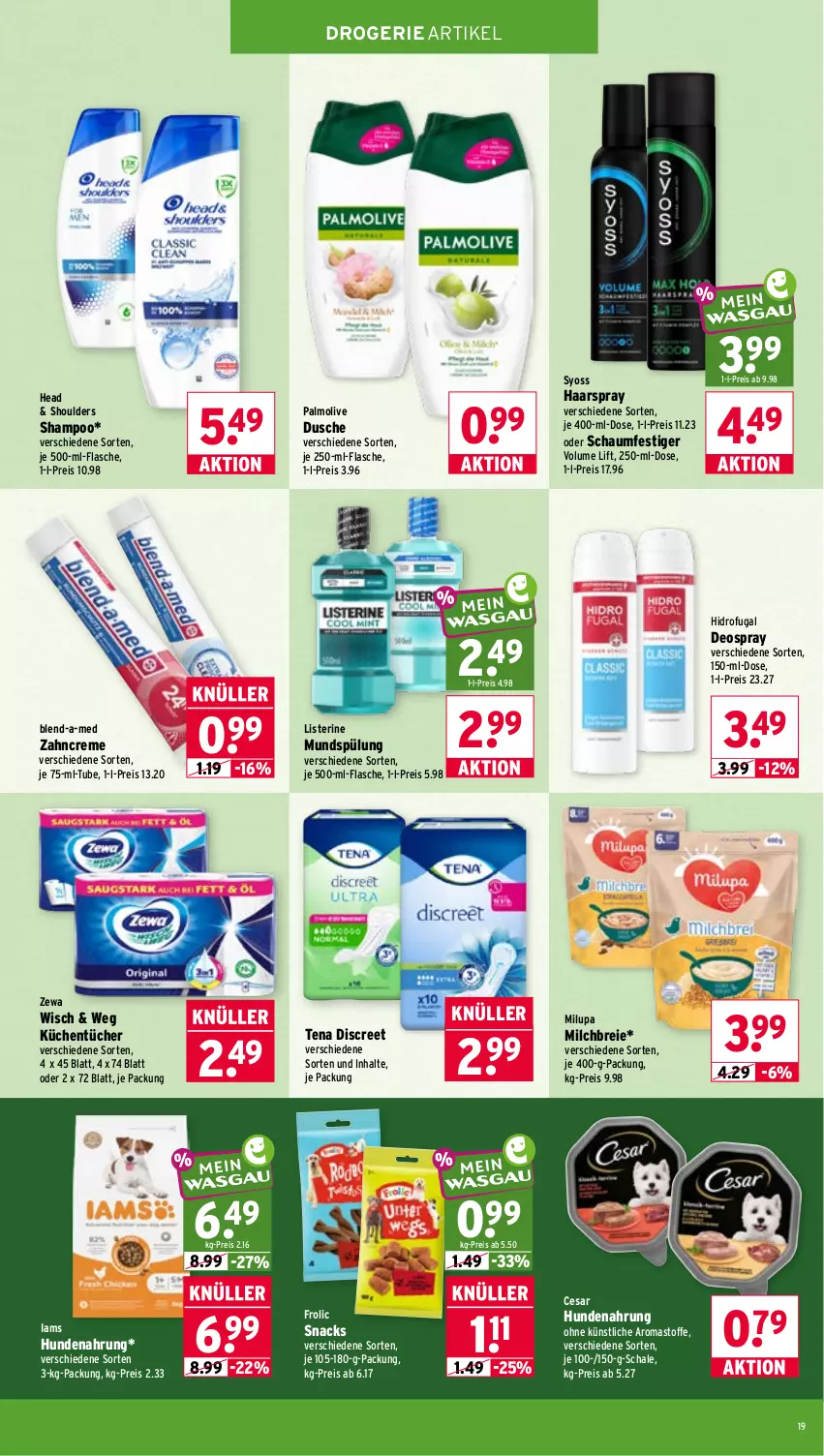 Aktueller Prospekt Wasgau - von 12.10 bis 17.10.2026 - strona 19 - produkty: blend-a-med, Brei, creme, deo, deospray, Discreet, dusche, eis, flasche, frolic, haarspray, hundenahrung, je 500-ml-flasche, küche, Küchen, küchentücher, listerine, milch, milupa, mundspülung, oder schaumfestiger, olive, palmolive, reis, Schal, Schale, schaumfestiger, shampoo, snack, snacks, spülung, syoss, Ti, tücher, Yo, zahncreme, zewa