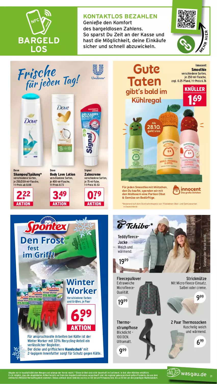 Aktueller Prospekt Wasgau - von 12.10 bis 17.10.2026 - strona 21 - produkty: angebot, auer, body, Clin, creme, dove, eis, flasche, Fleecejacke, hose, Innocent, Jacke, kühlregal, Lotion, malteser, Mütze, obst, Pullover, rama, regal, reis, rum, shampoo, Signal, smoothie, socken, spülung, Strumpfhose, Thermostrumpfhose, Ti, und gemüse, WICK, zahncreme