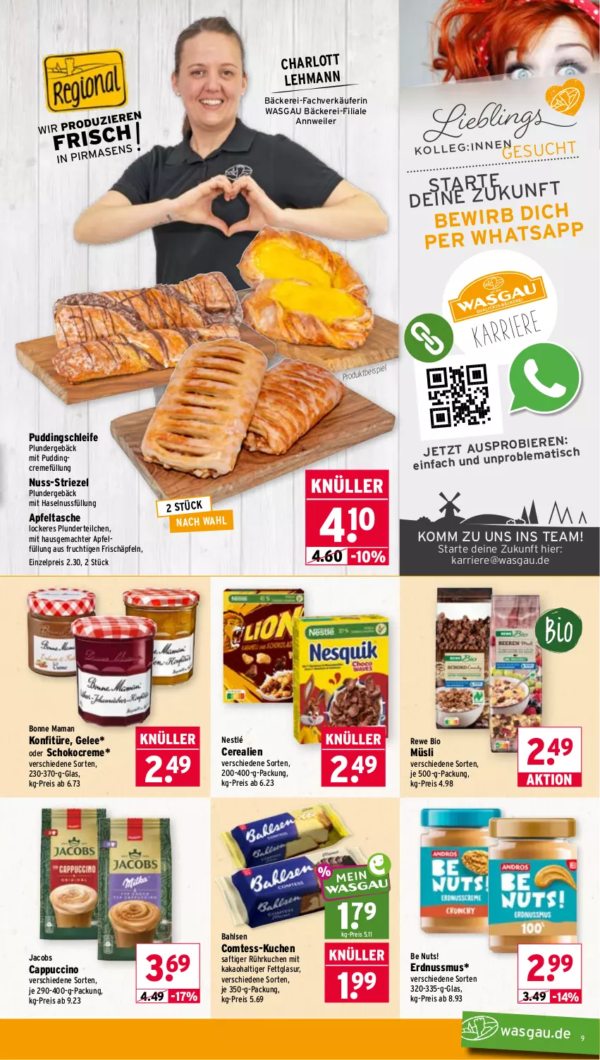 Aktueller Prospekt Wasgau - von 12.10 bis 17.10.2026 - strona 9 - produkty: apfel, Apfeltasche, arlo, bahlsen, bier, Biere, bio, bonne maman, Cap, cappuccino, cerealien, cin, comtess, creme, eis, erdnuss, frucht, gelee, haselnuss, jacobs, kakao, konfitüre, kuchen, mac, mam, müsli, nestlé, nuss, Plunder, pudding, reis, rewe bio, saft, schoko, Tasche, Ti, tisch