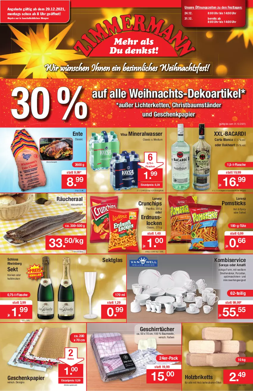 Aktueller Prospekt Zimmermann - Prospekte - von 20.12 bis 24.12.2021 - strona 1 - produkty: Alwa, angebot, angebote, bacardi, Bau, baumwolle, briketts, chips, crunchips, eis, elle, ente, erdnuss, flasche, Geschenkpapier, geschirr, geschirrtücher, Holz, Holzbriketts, Kette, Kombiservice, lichterkette, lorenz, lorenz crunchips, mikrowelle, mineralwasser, nuss, oakheart, papier, paprika, reifen, reis, sekt, spülmaschinen, Ti, tücher, Tüte, uhr, vilsa, wasser, Weihnachts-Deko, wolle