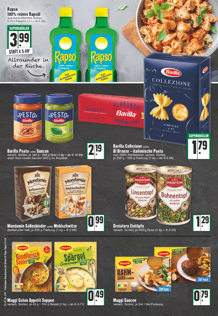 Aktueller Prospekt Edeka - Angebote der Woche - von 23.01 bis 28.01.2023 - strona 16 - produkty: angebot, barilla, Bau, beutel, dreistern, eintöpfe, eis, flasche, fleisch, hartweizen, küche, linsen, mac, maggi, mehl, mondamin, pesto, rapso, rapsöl, reines rapsöl, reis, rind, rindfleisch, sauce, saucen, Soße, suppe, suppen, tee, Ti, topf, trolli, ZTE