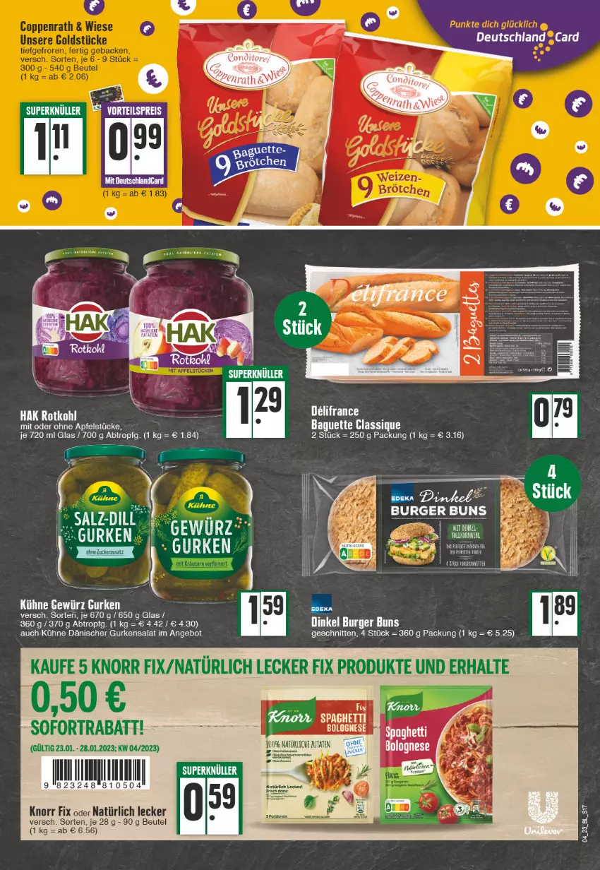 Aktueller Prospekt Edeka - Angebote der Woche - von 23.01 bis 28.01.2023 - strona 17 - produkty: angebot, apfel, baguette, beutel, bolognese, burger, burger buns, gewürz, gurke, gurken, gurkensalat, knorr, knorr fix, Kühne, rotkohl, salat, spaghetti, Ti