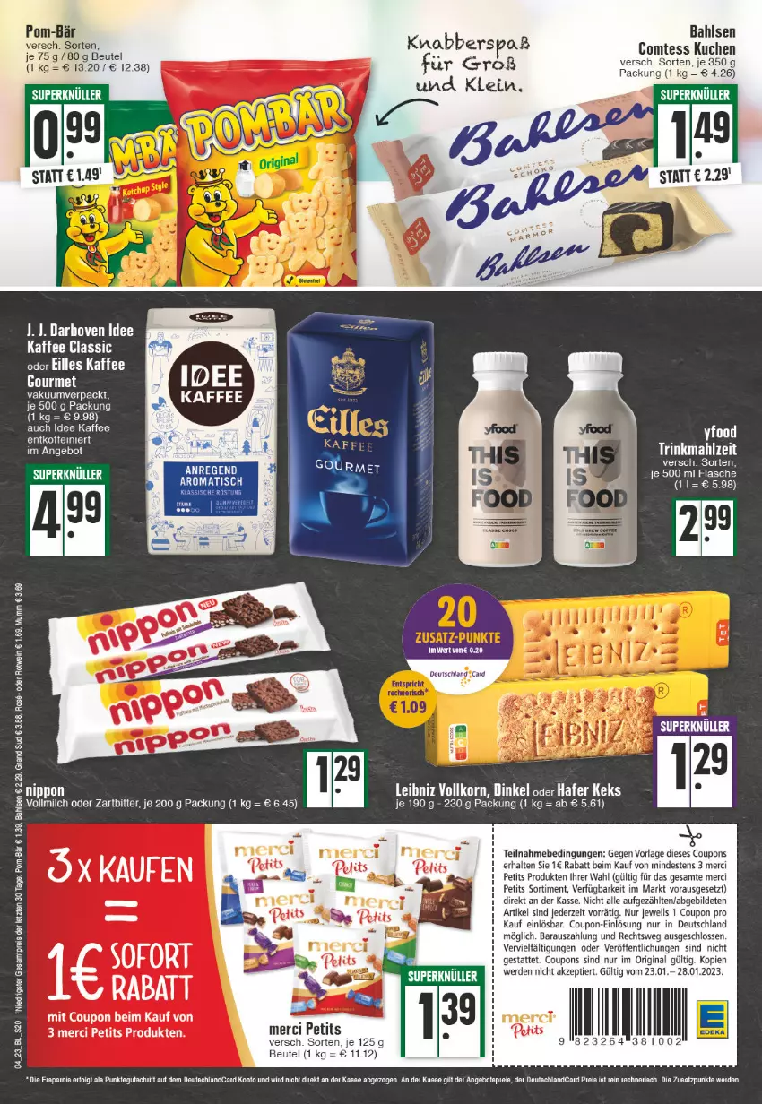 Aktueller Prospekt Edeka - Angebote der Woche - von 23.01 bis 28.01.2023 - strona 20 - produkty: angebot, bahlsen, beutel, comtess, comtess kuchen, coupon, coupons, eis, erde, flasche, gin, grand sud, hafer, kaffee, keks, korn, kuchen, leibniz, merci, milch, mumm, nippon, pom-bär, reis, rotwein, tee, Ti, vollmilch, wein, Zelt, ZTE