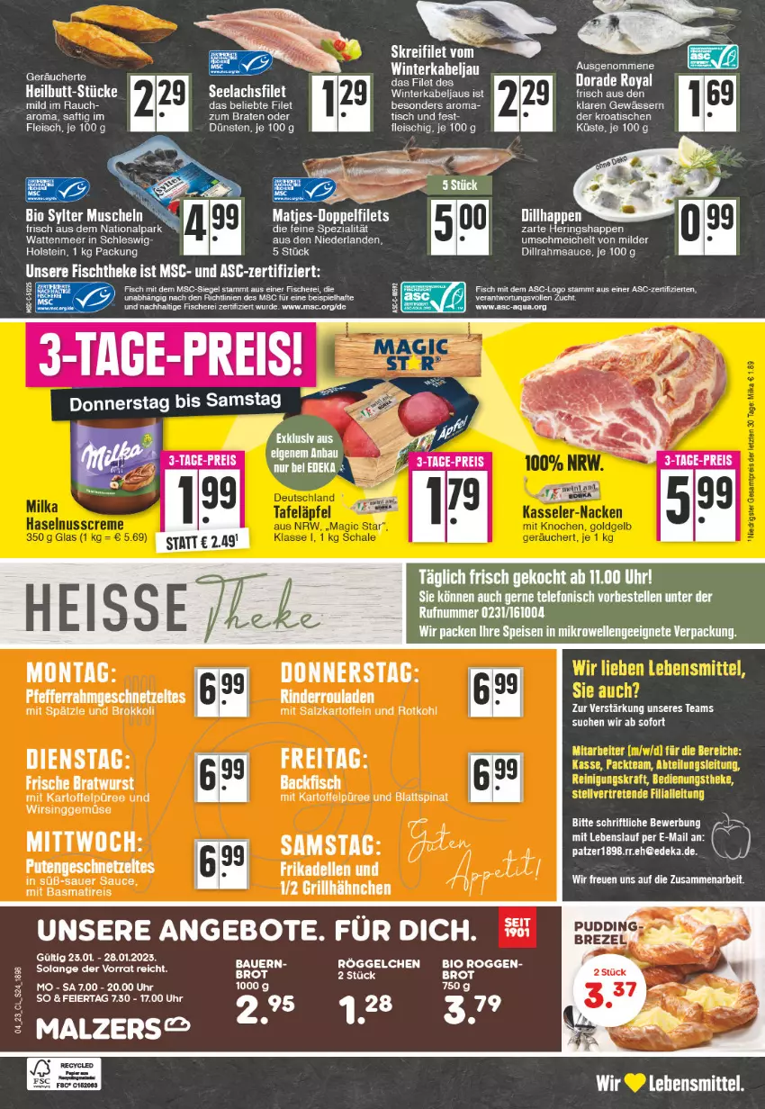 Aktueller Prospekt Edeka - Angebote der Woche - von 23.01 bis 28.01.2023 - strona 24 - produkty: angebot, angebote, aqua, auer, basmati, Bau, Bauer, bio, blattspinat, braten, brokkoli, deka, Dorade, dorade royal, eis, elle, ente, filet, filets, fisch, fische, Fischer, fischtheke, fleisch, geschnetzeltes, grill, grillhähnchen, hering, Herings, Heringshappen, kartoffel, kartoffeln, Kartoffelpüree, lachs, lachsfilet, lebensmittel, matjes, papier, püree, pute, Putengeschnetzeltes, Rauch, reis, rind, rinder, Rinderroulade, rinderrouladen, ring, rotkohl, rouladen, saft, salz, sauce, Schere, seelachsfilet, spinat, tee, telefon, Ti, tisch, tuc, uhr, Wirsing, Yo, Zelt