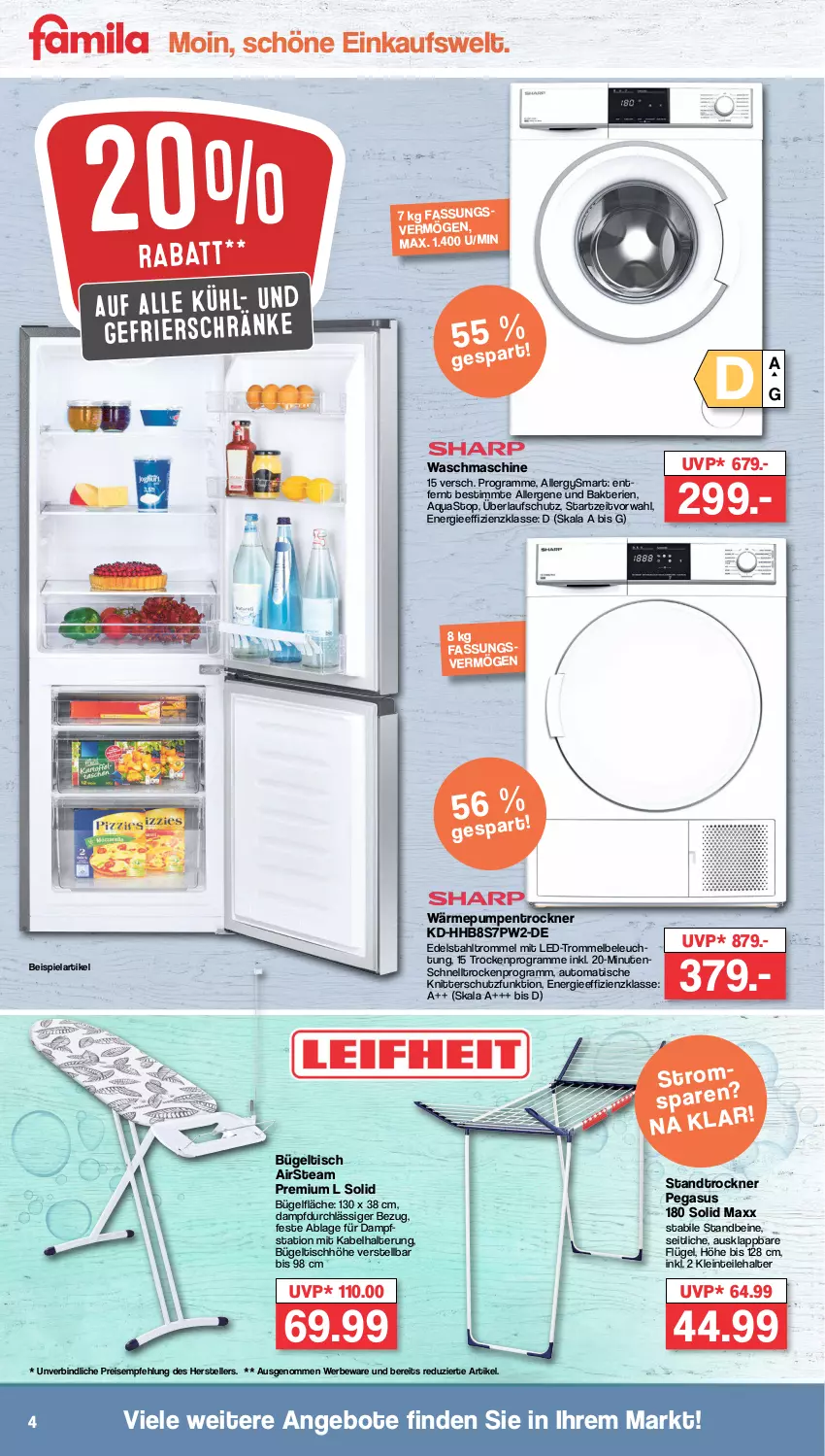 Aktueller Prospekt Famila - Prospekte - von 16.01 bis 21.01.2023 - strona 4 - produkty: angebot, angebote, aqua, aquastop, asus, auto, beleuchtung, bügel, bügeltisch, edelstahl, eis, elle, Kühl- und Gefrierschränke, reis, teller, Ti, tisch, Trockner, trommel, wärmepumpentrockner, waschmaschine