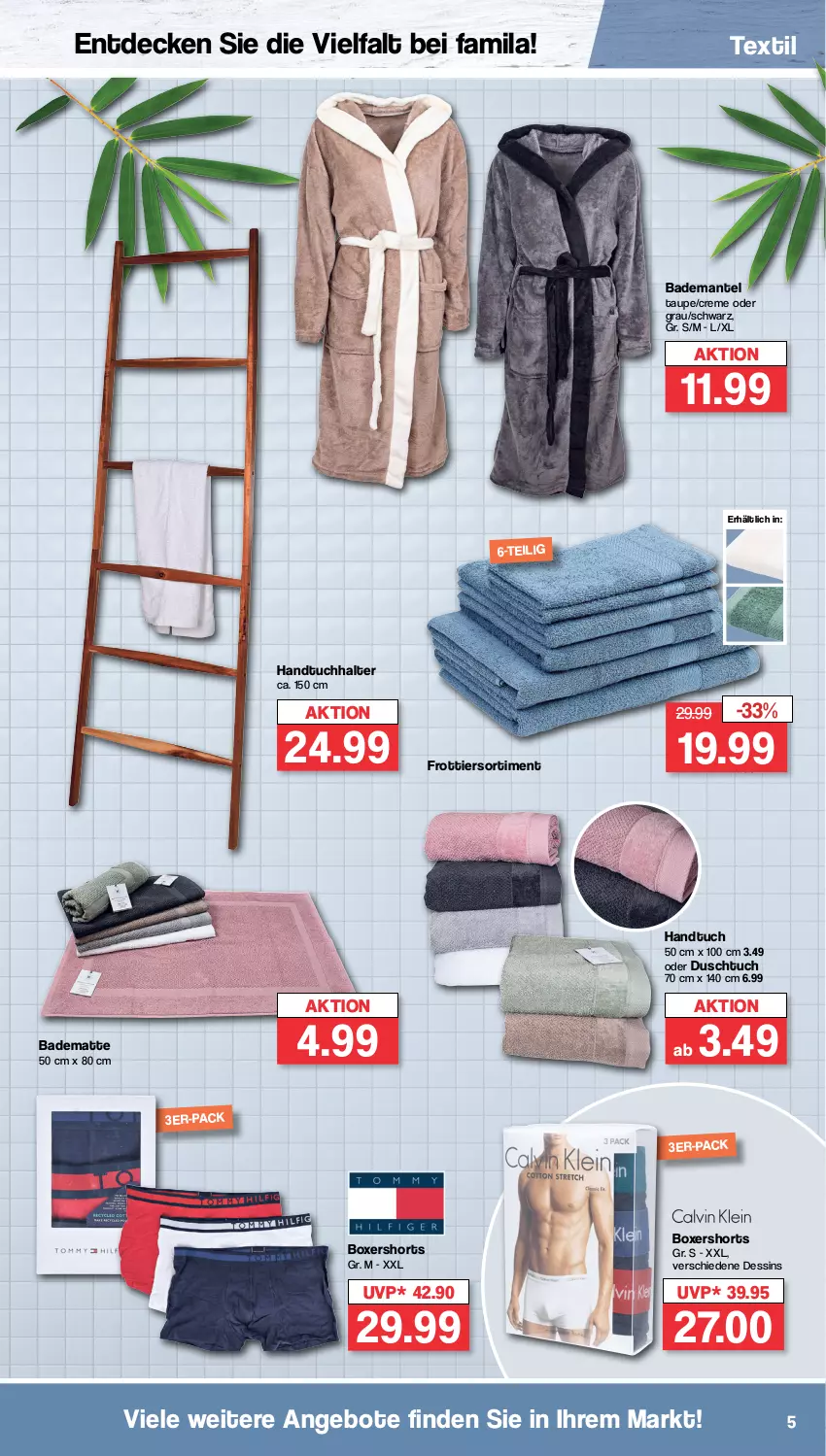 Aktueller Prospekt Famila - Prospekte - von 16.01 bis 21.01.2023 - strona 5 - produkty: angebot, angebote, Bad, Bademantel, badematte, creme, decke, duschtuch, handtuch, Handtuchhalter, Mantel, shorts, Ti, tuc