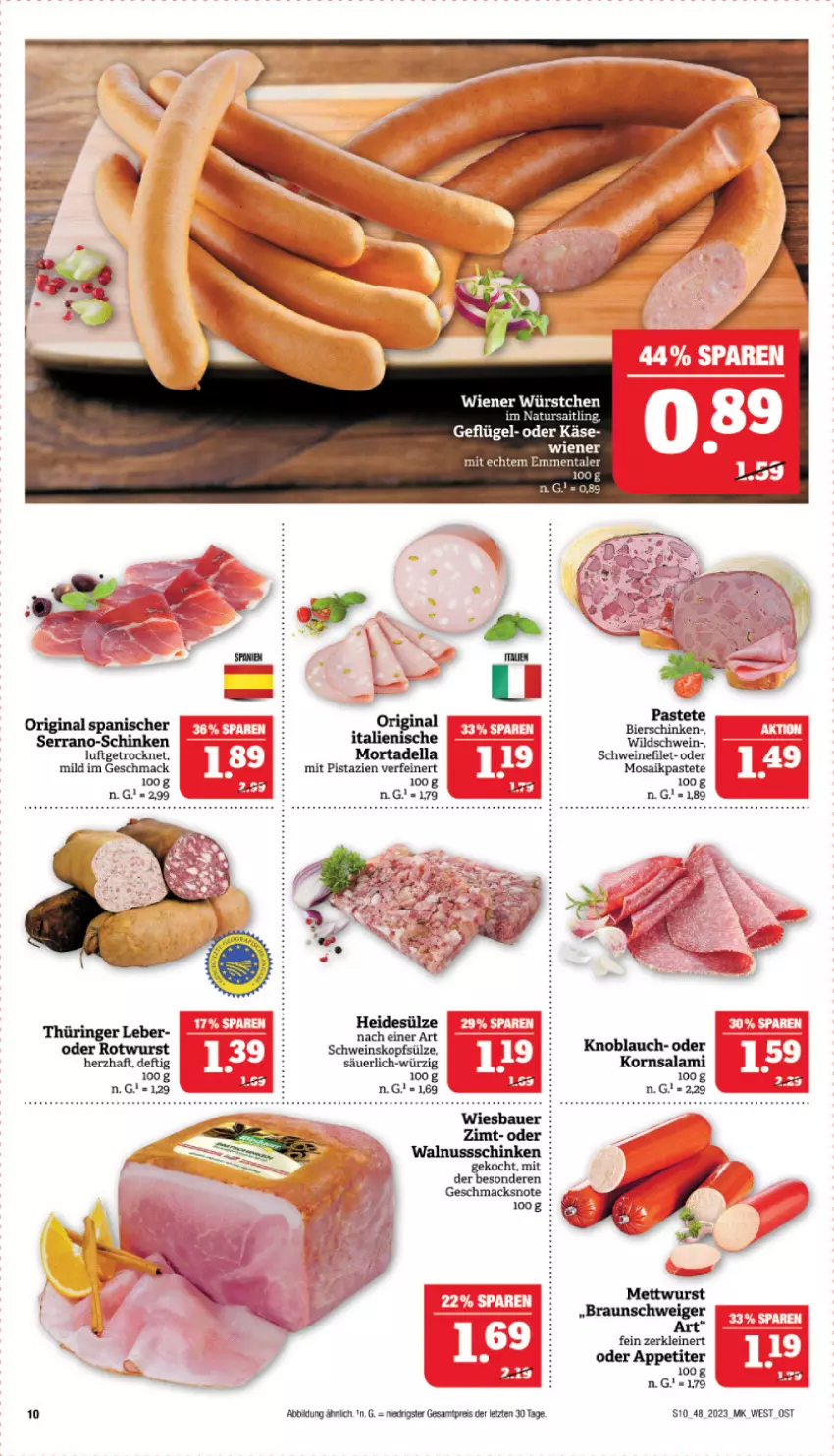 Aktueller Prospekt Marktkauf - Prospekt - von 26.11 bis 02.12.2023 - strona 10 - produkty: auer, Bau, Bauer, bier, bierschinken, braun, dell, eis, emmentaler, filet, Geflügel, gin, Käse, knoblauch, korn, leine, mac, Mett, mettwurst, mit pistazien, mortadella, natur, nuss, pastete, pistazien, reis, Rotwurst, salami, schinken, schwein, schweine, schweinefilet, serrano, Ti, walnuss, wein, weine, wiener, wiesbauer, Wild, Wildschwein, wurst, ZTE