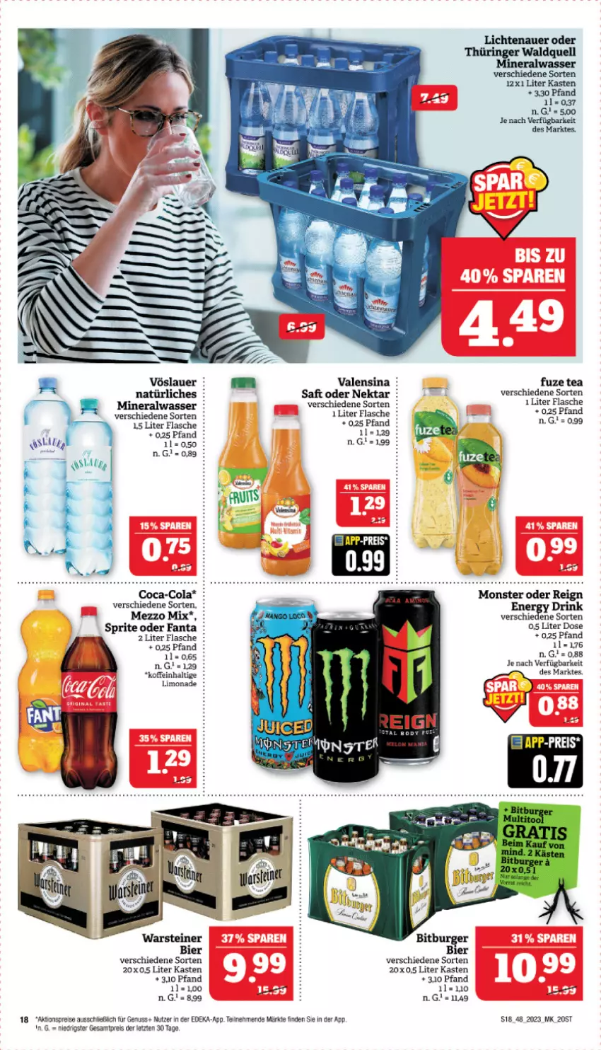 Aktueller Prospekt Marktkauf - Prospekt - von 26.11 bis 02.12.2023 - strona 18 - produkty: aktionspreis, Alwa, auer, bier, chia, coca-cola, cola, deka, drink, eis, fanta, flasche, fuze tea, lichtenauer, limo, limonade, Mezzo Mix, mineralwasser, monster, Nektar, nuss, reis, ring, saft, sprite, steiner, Ti, valensina, vöslauer, warsteiner, wasser, ZTE