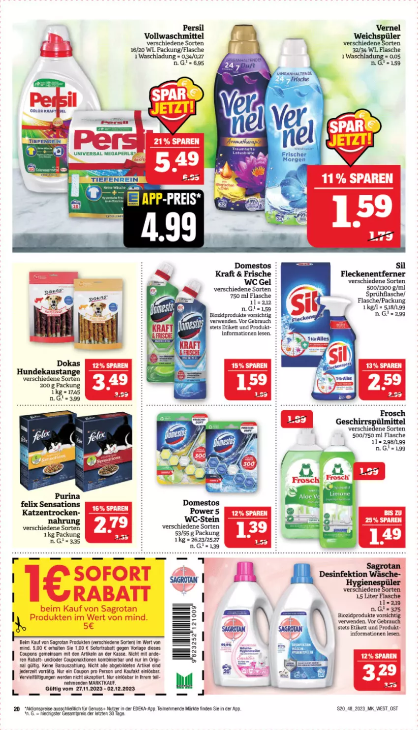 Aktueller Prospekt Marktkauf - Prospekt - von 26.11 bis 02.12.2023 - strona 20 - produkty: aktionspreis, aust, bio, biozidprodukte, Blüte, coupon, coupons, deka, domestos, eis, erde, felix, flasche, Fleckenentferner, Frosch, geschirr, geschirrspülmittel, kraft, nuss, persil, Rauch, reis, rwe, sagrotan, sensations, sofortrabatt, sprühflasche, spülmittel, Ti, usb, vernel, vollwaschmittel, waschmittel, weichspüler, ZTE