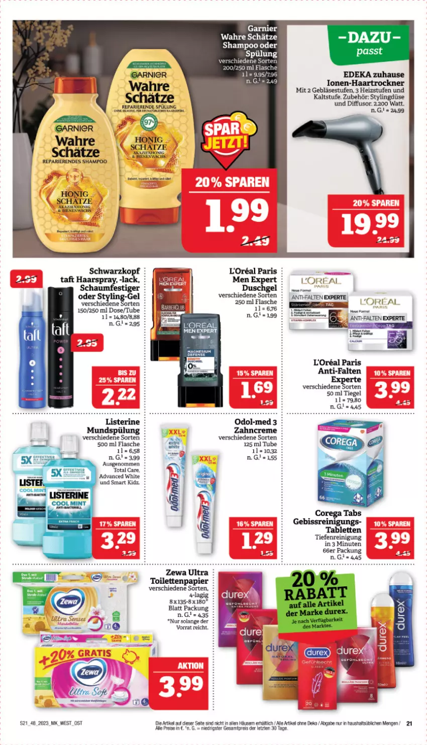 Aktueller Prospekt Marktkauf - Prospekt - von 26.11 bis 02.12.2023 - strona 21 - produkty: anti-falten experte, creme, deka, eis, flasche, garnier, haarspray, haartrockner, honig, lack, listerine, loreal, magnesium, Manner, mundspülung, Odol, papier, Reinigung, reis, schwarzkop, schwarzkopf, shampoo, spülung, tablet, tablett, Tablette, Taft, Ti, toilettenpapier, Trockner, Wahre Schätze, zahncreme, zewa, ZTE