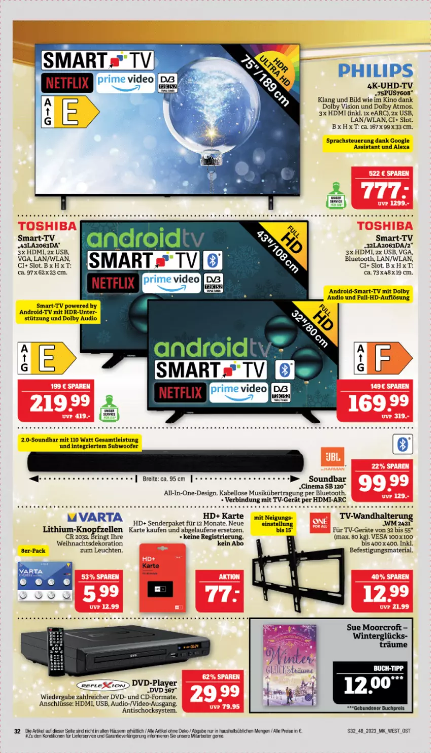 Aktueller Prospekt Marktkauf - Prospekt - von 26.11 bis 02.12.2023 - strona 32 - produkty: alexa, Brei, buch, cin, dekoration, deo, eis, elle, HDMI, HP, Laufen, Leuchte, leuchten, lieferservice, Philips, reis, Ria, ring, soundbar, Subwoofer, Ti, tisch, uhd, UHD-TV, usb, varta