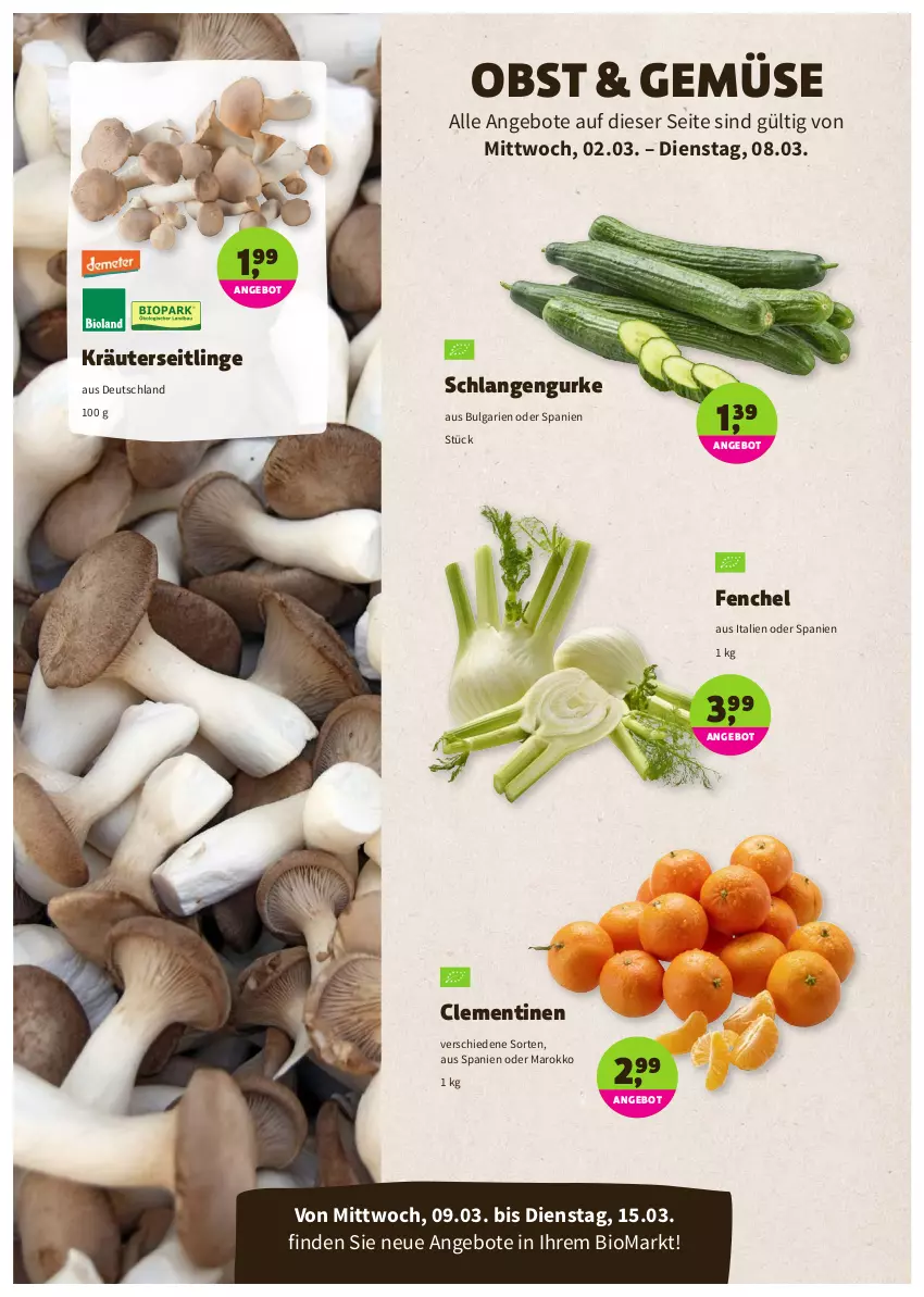 Aktueller Prospekt Denns Biomarkt - Prospekte - von 02.03 bis 15.03.2022 - strona 2 - produkty: angebot, angebote, bio, clementinen, fenchel, gurke, kräuter, Kräuterseitlinge, LG, obst, Ti