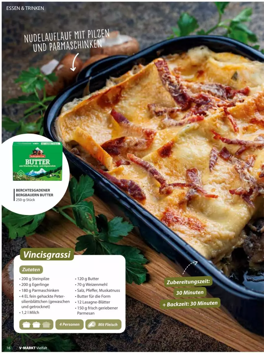 Aktueller Prospekt Vmarkt - Prospekte - von 10.09 bis 24.09.2025 - strona 16 - produkty: auer, Bau, Bauer, butter, lasagne, mehl, milch, Muskatnuss, nuss, parmaschinken, pfeffer, pilze, salz, schinken, Steinpilze, weizenmehl