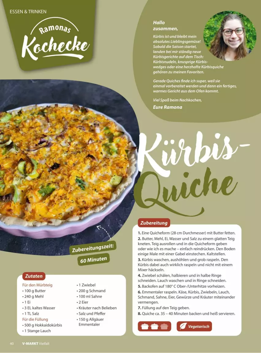 Aktueller Prospekt Vmarkt - Prospekte - von 10.09 bis 24.09.2025 - strona 40 - produkty: backofen, bier, Biere, butter, eier, eis, elle, emmentaler, gabel, gewürz, Käse, kräuter, Kürbis, latte, LG, mac, mehl, messer, Mixer, Mürbteig, nudel, nudeln, Ofen, pfeffer, Quiche, ring, sahne, salz, schmand, Ti, tisch, wasser, zwiebel, zwiebeln