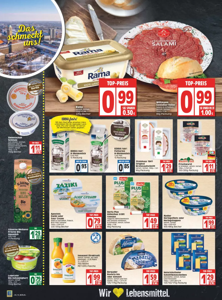 Aktueller Prospekt Edeka - Angebote der Woche - von 07.02 bis 12.02.2022 - strona 10 - produkty: apostels, auer, aufschnitt, Bau, Bauer, bavaria blu, Becher, bergader, bio, braten, bratenaufschnitt, brot, deka, direktsaft, eis, erde, filet, filets, flasche, fleisch, gin, Gläser, heinrichsthaler, hering, Herings, heringsfilets, Heringshappen, herta, Heu, heumilch, Innocent, joghur, joghurt, kartoffel, kartoffeln, Käse, käsescheiben, lebensmittel, malz, milch, mit gemüse, nadler, regal, rel, Ria, ring, saft, sahne, Sahnejoghurt, Schmalz, schnittkäse, schnittkäsescheiben, sour cream, steinhaus, wurst, zaziki