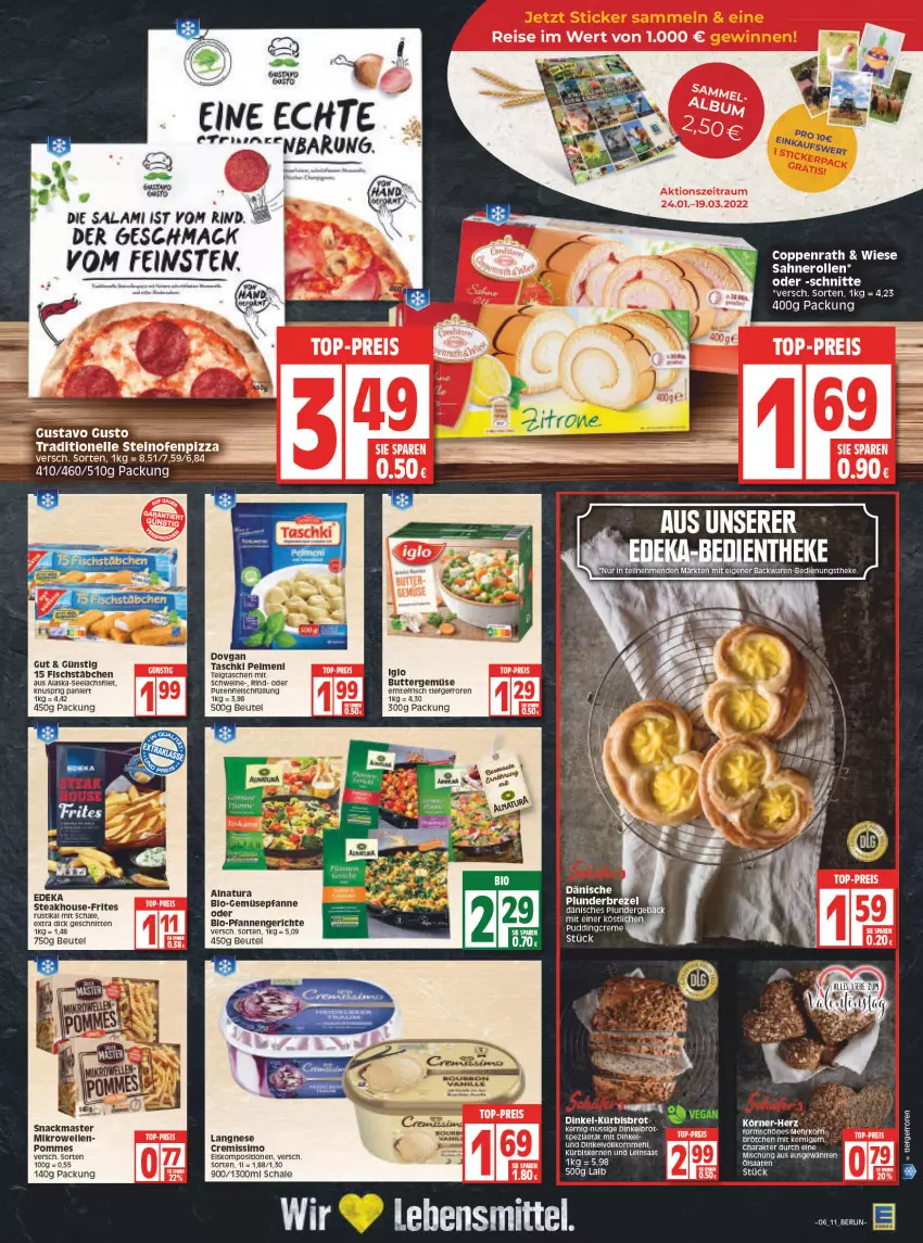 Aktueller Prospekt Edeka - Angebote der Woche - von 07.02 bis 12.02.2022 - strona 11 - produkty: ACC, Alaska-Seelachs, beutel, bio, Bio-Gemüse, brezel, brot, butter, coppenrath, cremissimo, Dinkelbrot, eis, elle, fisch, fischstäbchen, iglo, Kürbis, lachs, langnese, LG, mac, mikrowelle, natur, natura, nero, nuss, pfanne, pfannen, Plunder, pommes, pute, reis, rind, sahne, Sahnerolle, salami, Schal, Schale, schnitten, sim, snack, steak, taschki, tee, Ti, top-preis