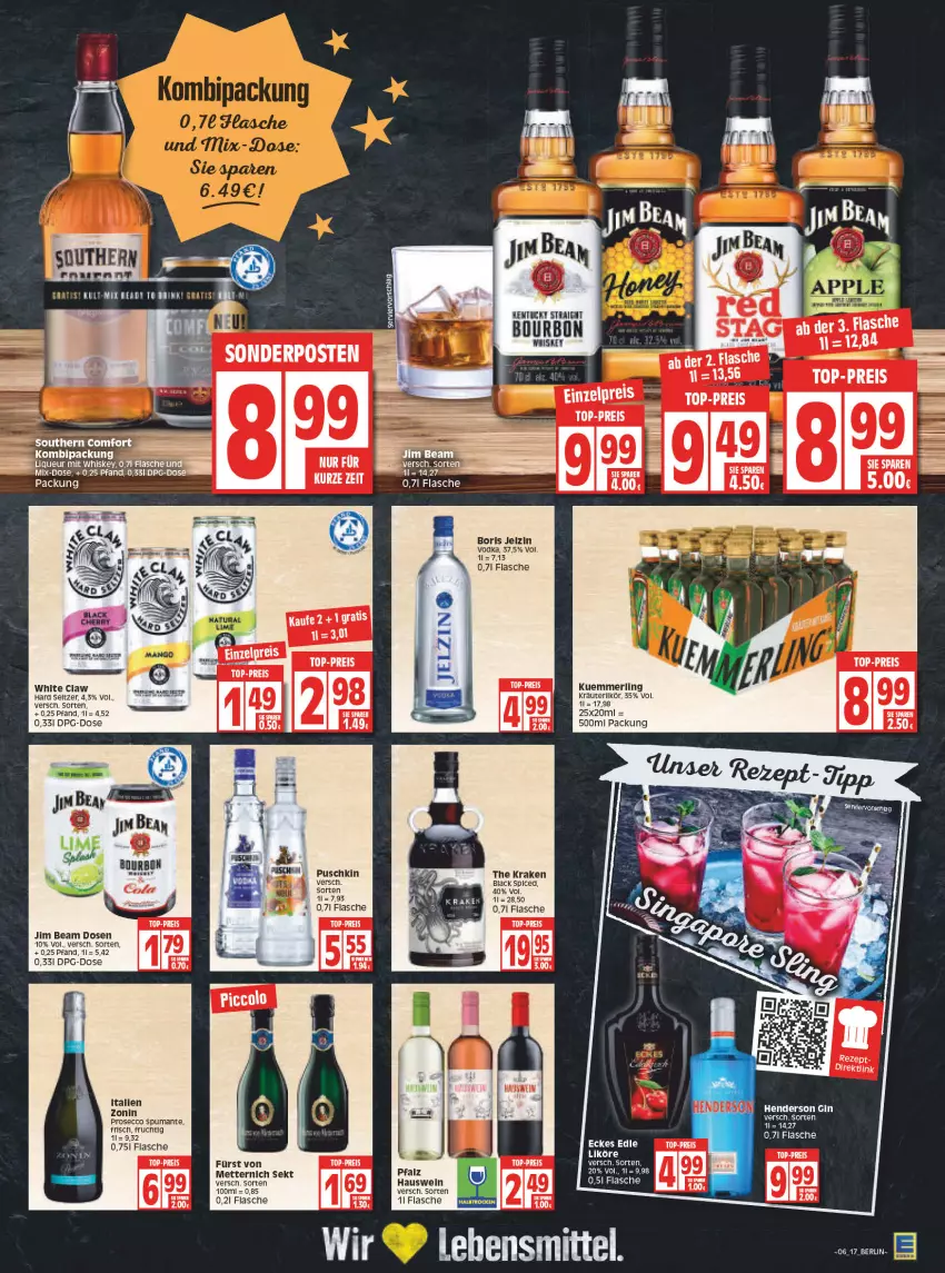 Aktueller Prospekt Edeka - Angebote der Woche - von 07.02 bis 12.02.2022 - strona 17 - produkty: ecco, eis, elle, ente, flasche, frucht, jim beam, kräuter, kräuterlikör, kuemmerling, lack, likör, liqueur, merl, Mett, metternich, prosecco, puma, reis, rezept, sekt, Southern Comfort, spumante, tee, Ti, top-preis, vodka, wein, whiskey, zonin