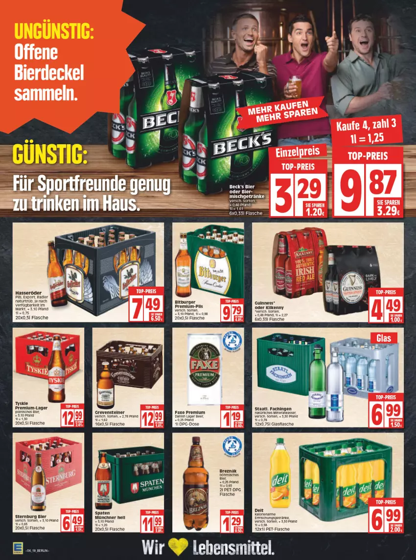 Aktueller Prospekt Edeka - Angebote der Woche - von 07.02 bis 12.02.2022 - strona 18 - produkty: Alwa, axe, beck's, bier, bitburger, burger, decke, Deckel, deit, eis, erde, erfrischungsgetränk, erfrischungsgetränke, flasche, getränk, getränke, glasflasche, grevensteiner, Guinness, hasseröder, lebensmittel, mineralwasser, natur, natürliches mineralwasser, pet-flasche, pils, radler, reis, Spaten, Staatl. Fachingen, steiner, Sternburg, top-preis, wasser