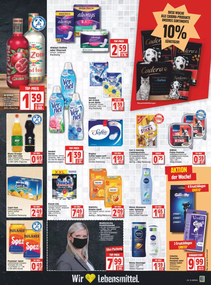 Aktueller Prospekt Edeka - Angebote der Woche - von 07.02 bis 12.02.2022 - strona 19 - produkty: Afri Cola, Alwa, Always, arla, ball, bebivita, bügel, Cap, capri-sun, coffein, cola, dailies, deka, Discreet, duschgel, Finish, flasche, frucht, früchte, fruchtsaft, fruchtsaftgetränk, geschirr, Gesichtsmaske, getränk, gillette, gin, henkel, Kinder, kraft, lebensmittel, LG, Maske, nivea, orange, orangen, pastete, Paula, paulaner, rasierer, Rauch, reiniger, rel, Ria, saft, Schal, Schale, shampoo, Spezi, spülmaschinen, spülung, swirl, Tasche, taschen, taschentücher, tee, Ti, tücher, venus, vernel, vita