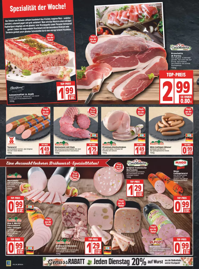 Aktueller Prospekt Edeka - Angebote der Woche - von 07.02 bis 12.02.2022 - strona 4 - produkty: aeg, auer, aufschnitt, Bau, Bauer, dell, Edelsalami, eis, elle, ente, fanta, filet, fleisch, fleischwurst, frischkäse, Geflügel, gewürz, gin, gurke, HP, Käse, kirsch, kochschinken, krone, lyoner, mac, mortadella, nuss, paprika, pistazien, prosciutto, Prosciutto di Parma, reis, rum, saft, salami, schinken, schwein, snack, tee, teewurst, Ti, top-preis, wein, weine, wiener, wurst, Yo