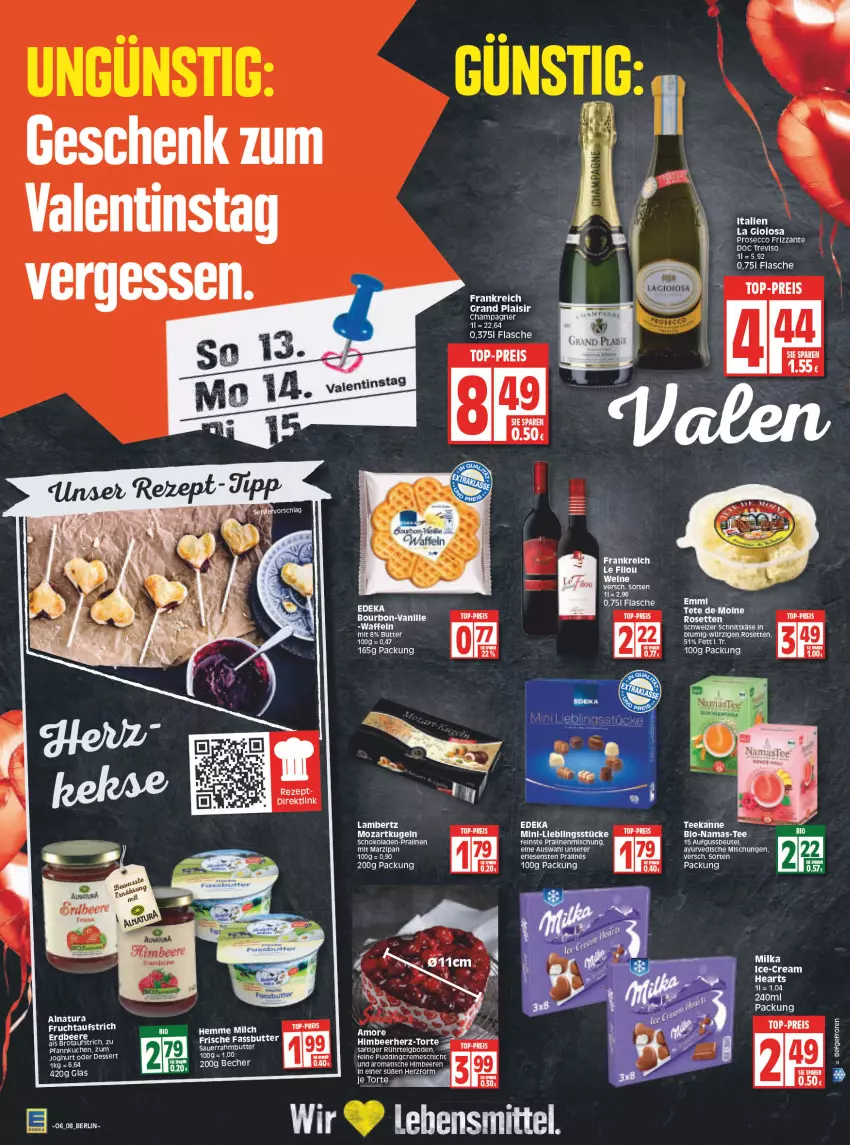 Aktueller Prospekt Edeka - Angebote der Woche - von 07.02 bis 12.02.2022 - strona 8 - produkty: Amber, aufstrich, Becher, beere, beeren, beutel, bio, butter, champagne, champagner, creme, deka, dessert, ecco, eis, emmi, flasche, frizzante, frucht, fruchtaufstrich, himbeer, himbeere, himbeeren, joghur, joghurt, Käse, Kugel, La Gioiosa, lambertz, lebensmittel, LG, milch, natur, natura, prosecco, reis, rezept, saft, schnittkäse, schoko, schokolade, schokoladen, schweizer schnittkäse, tee, Ti, tisch, top-preis, torte, wein, weine