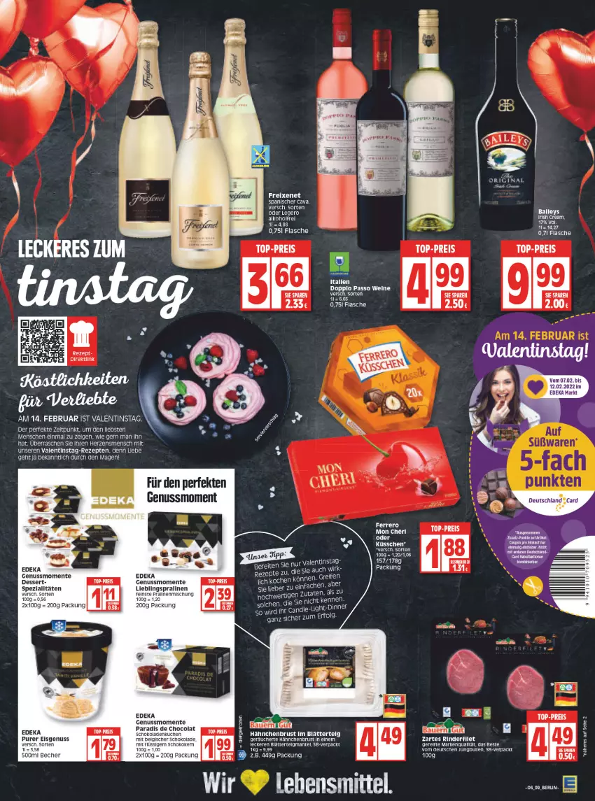 Aktueller Prospekt Edeka - Angebote der Woche - von 07.02 bis 12.02.2022 - strona 9 - produkty: alkohol, auer, ball, Bau, Bauer, Becher, blätterteig, Cava, cola, deka, dessert, eis, ente, filet, flasche, hähnchenbrust, irish cream, jungbullen, kuchen, lebensmittel, LG, Mantel, nolte, nuss, pralinen, reis, rezept, rezepte, rind, rinder, rinderfilet, schoko, schokolade, schokoladen, Spezi, tee, Ti, top-preis