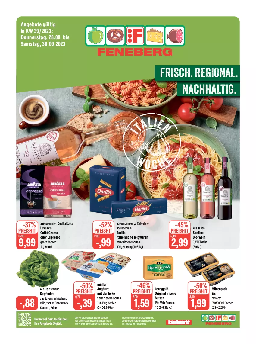 Aktueller Prospekt Feneberg - Prospekte - von 28.09 bis 30.09.2023 - strona 1 - produkty: angebot, angebote, barilla, Becher, beutel, bio, Bio-Wein, bohne, bohnen, butter, caffè crema, eis, elle, espresso, flasche, gin, irische butter, joghur, joghurt, joghurt mit der ecke, kerrygold, kopfsalat, Laufen, lavazza, mac, mövenpick, mövenpick eis, Müller, oder espresso, reis, salat, teigwaren, Ti, wein, ZTE