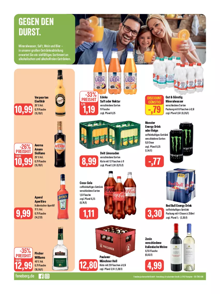 Aktueller Prospekt Feneberg - Prospekte - von 28.09 bis 30.09.2023 - strona 12 - produkty: Abtei, alkohol, Alwa, amaro, aperitif, aperol, averna, bier, coca-cola, coffein, cola, deit, deka, discount, drink, eier, eierlikör, eis, energy drink, flasche, getränk, getränke, lebensmittel, likör, limo, limonade, limonaden, mineralwasser, monster, Monster Energy, Nektar, Paula, paulaner, pircher, red bull, reis, saft, Ti, verpoorten, wasser, wein, weine, zonin