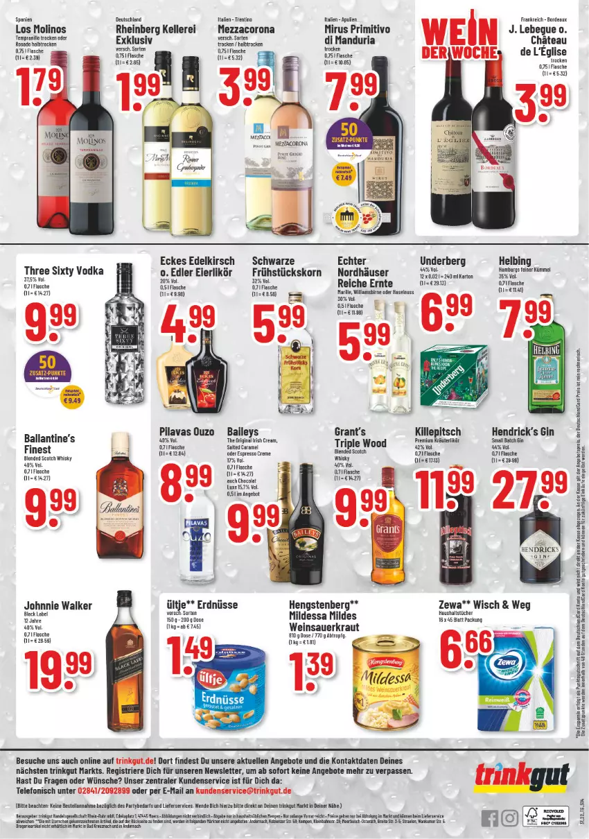 Aktueller Prospekt Trinkgut - von 12.09 bis 17.09.2022 - strona 4 - produkty: ACC, angebot, angebote, angebotspreis, auer, Bad, baileys, ball, black label, blended scotch, blended scotch whisky, Brei, caramel, cola, corona, creme, deka, deutschlandcard, eier, eierlikör, eis, elle, erde, erdnüsse, espresso, flasche, gin, haushaltstücher, hengstenberg, irish cream, johnnie walker, kirsch, korn, Kraut, kräuter, kräuterlikör, lack, LG, lieferservice, likör, mezzacorona, oder espresso, Pinot, primitivo, reis, Ria, Sauerkraut, scotch, scotch whisky, telefon, Three Sixty, Ti, tücher, uhr, ültje, underberg, vodka, wein, Weinsauerkraut, whisky, zewa